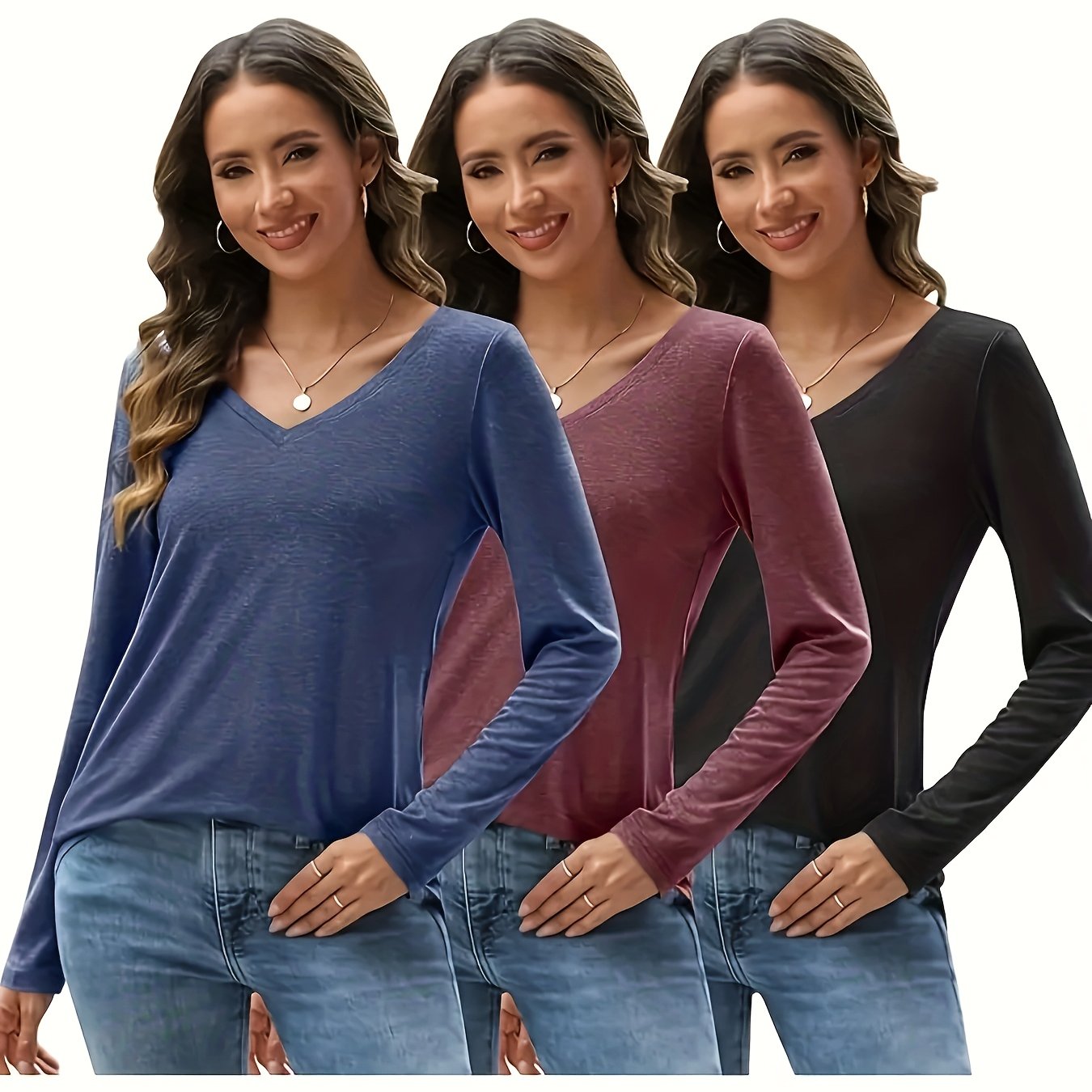 E-shop 3er-Pack Frühling/Herbst Neues, einfarbiges, unbedrucktes V-Ausschnitt-Oberteil mit langen Ärmeln, locker, lässig, Damen-Top, Basis-T-Shirt,