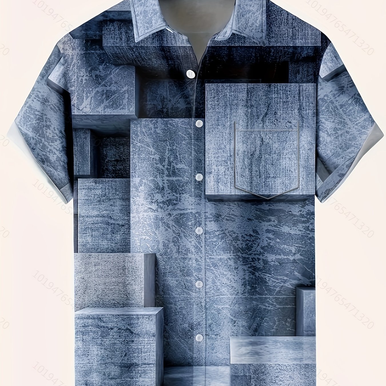 TEMU Menâ 3d Geometric Print Short Sleeve Shirt With Turn-collar And Chest Pocket â Blue , Casual Summer Wear For Men, Menâs Casual Top | Modern