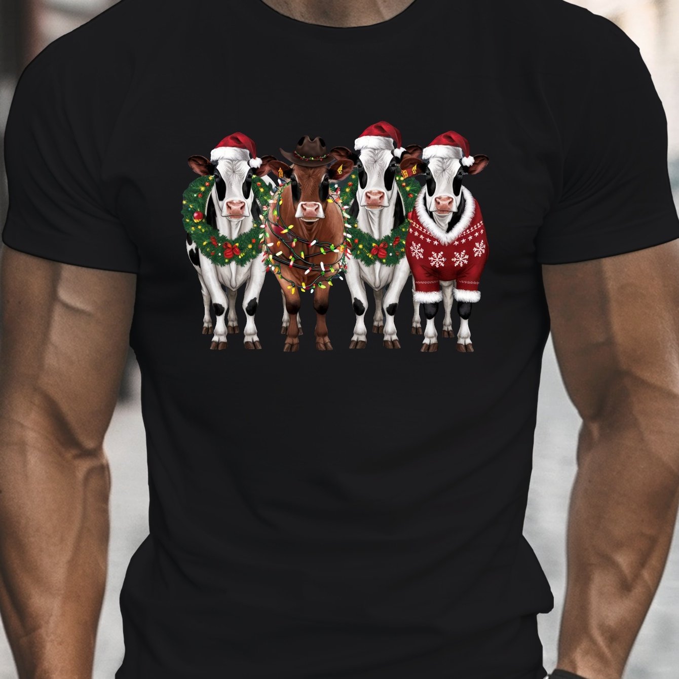 TEMU Christmas Cows Graphic T-shirt For Men - Casual Polyester Round Neck Short Sleeve - Festive Cow Print, Geometric Pattern, Regular Fit, Summer