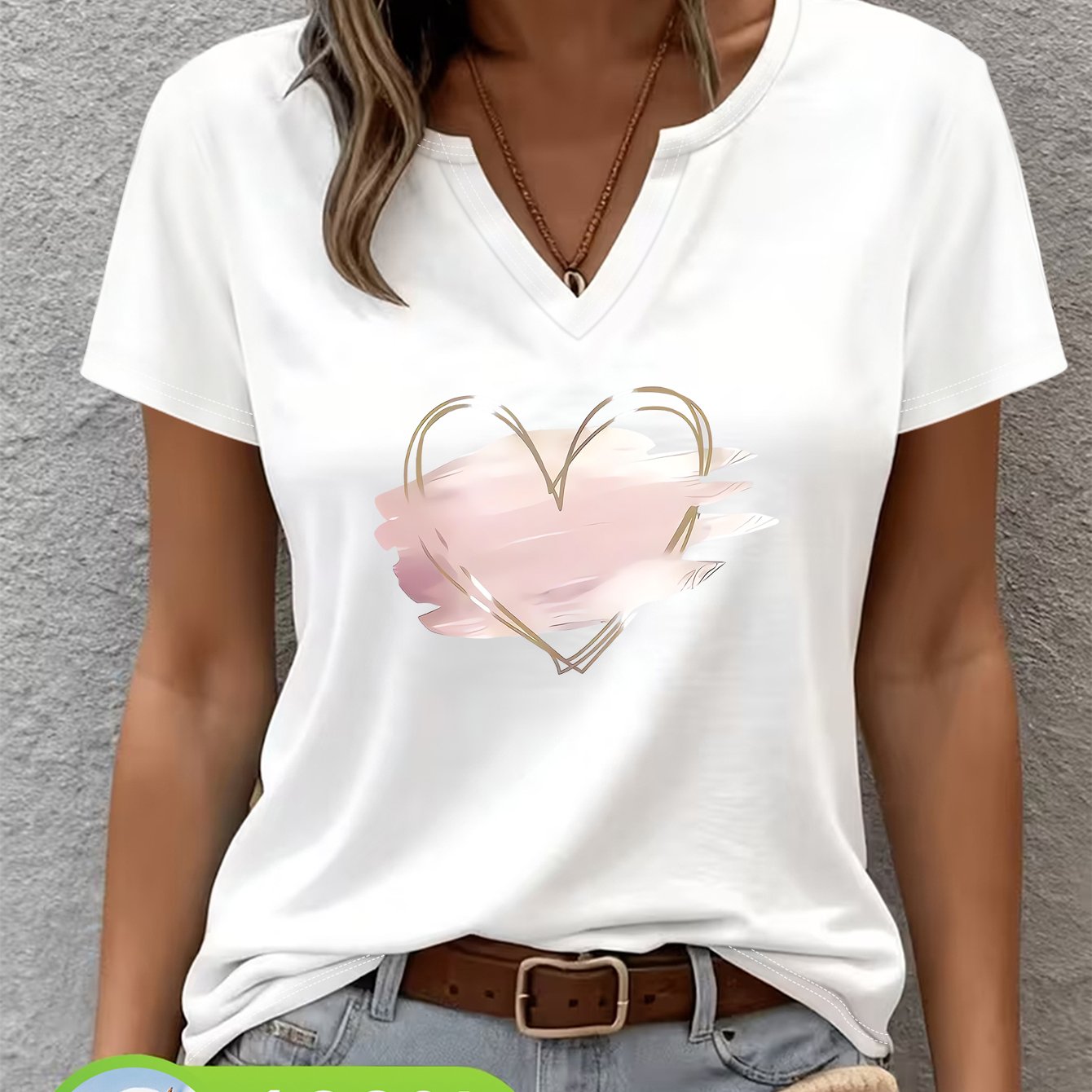 TEMU Women's Spring/summer Fashion Casual 100% Short Sleeve V-neck T-shirt, Simple Heart Print Design, Comfortable And Breathable Top For Home And ,