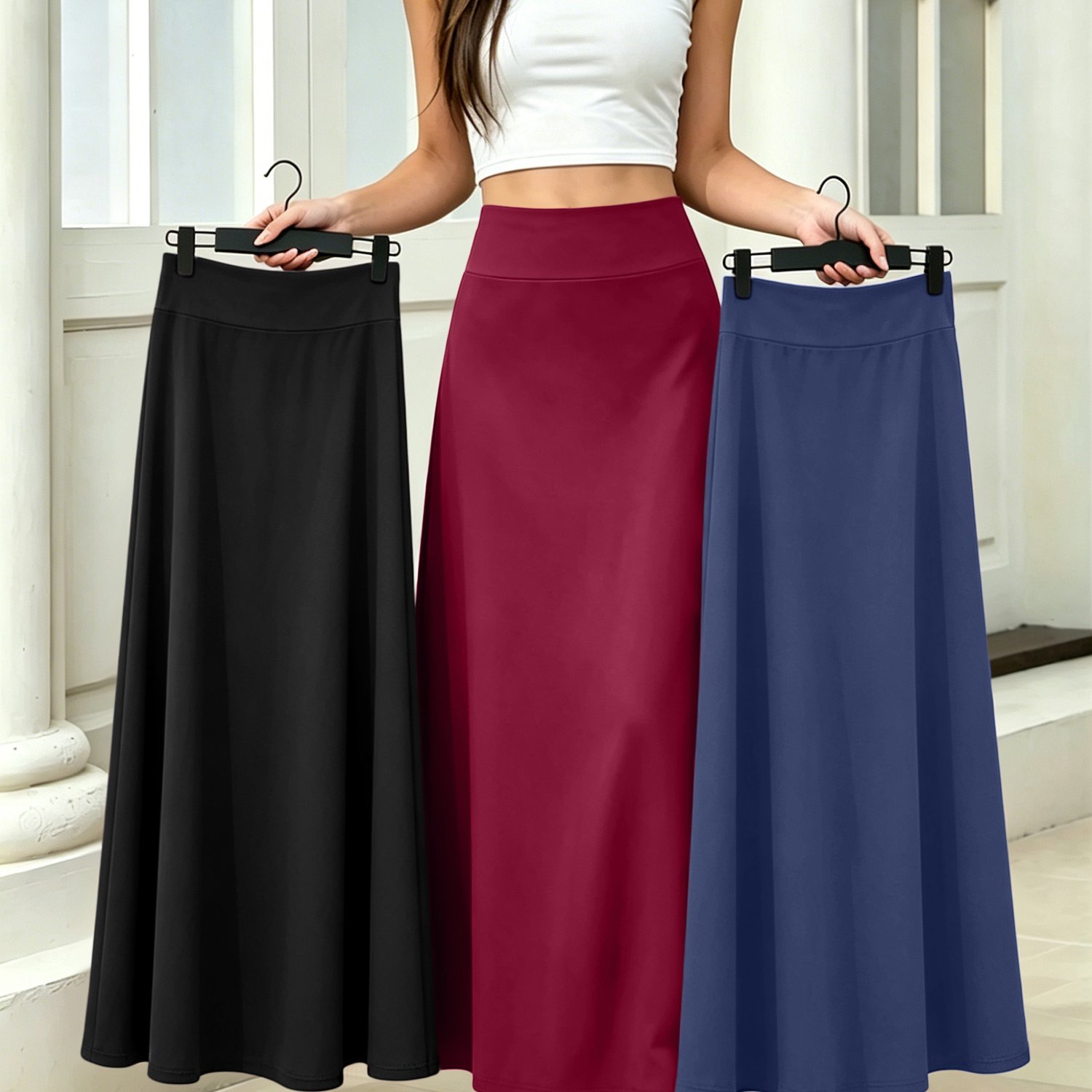 TEMU 3pcs Set Women's Skirt High Waist Drape Large Swing Skirt Elastic Slim Fit Hip-covering Everyday Wear