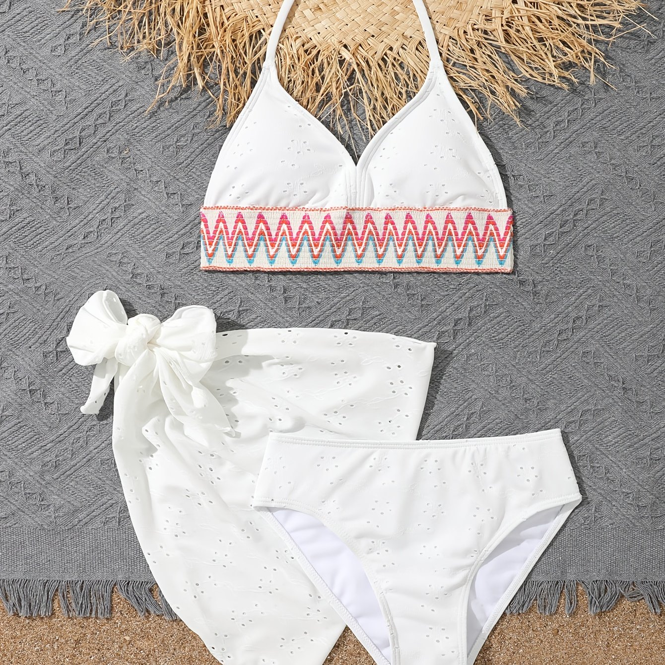 White Girls' Casual Fashion Ethnic Style Colorful Strap 2pcs Swimsuit Bikini 3pcs Set Swimming Pool