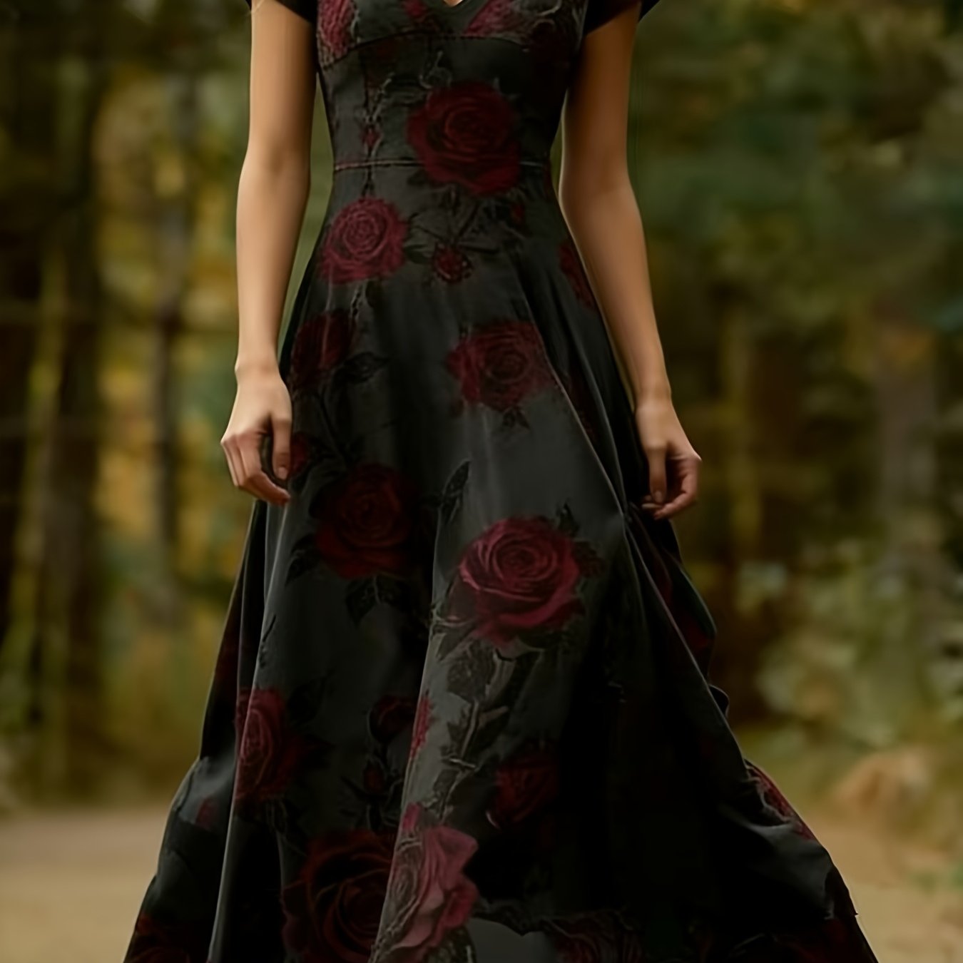 Image of Women' Gothic Print Maxi Dress - -neck Short Sleeve A-line Flowy Dress Suitable For Weddings, , Cocktail Parties, Vintage Floral Gown With Full- Print, Machine Washable Wedding Dress