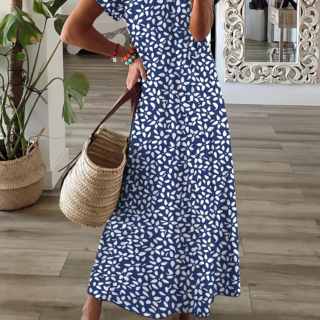 TEMU Women's Spring Summer V-neck Short Sleeve Dress, Small Floral Elegant Loose Maxi Dress, Suitable For Beach Vacation , Parties, Long A-line Dress