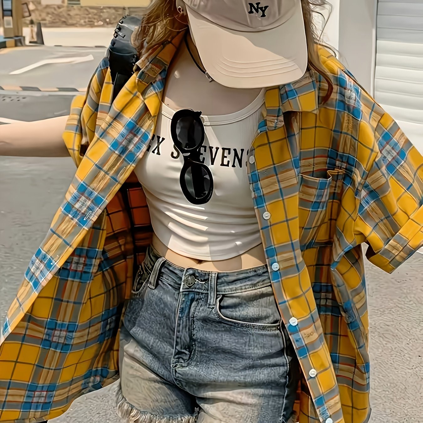 TEMU Elegant Direction Women's Casual Mid-length Yellow Checkered Shirt