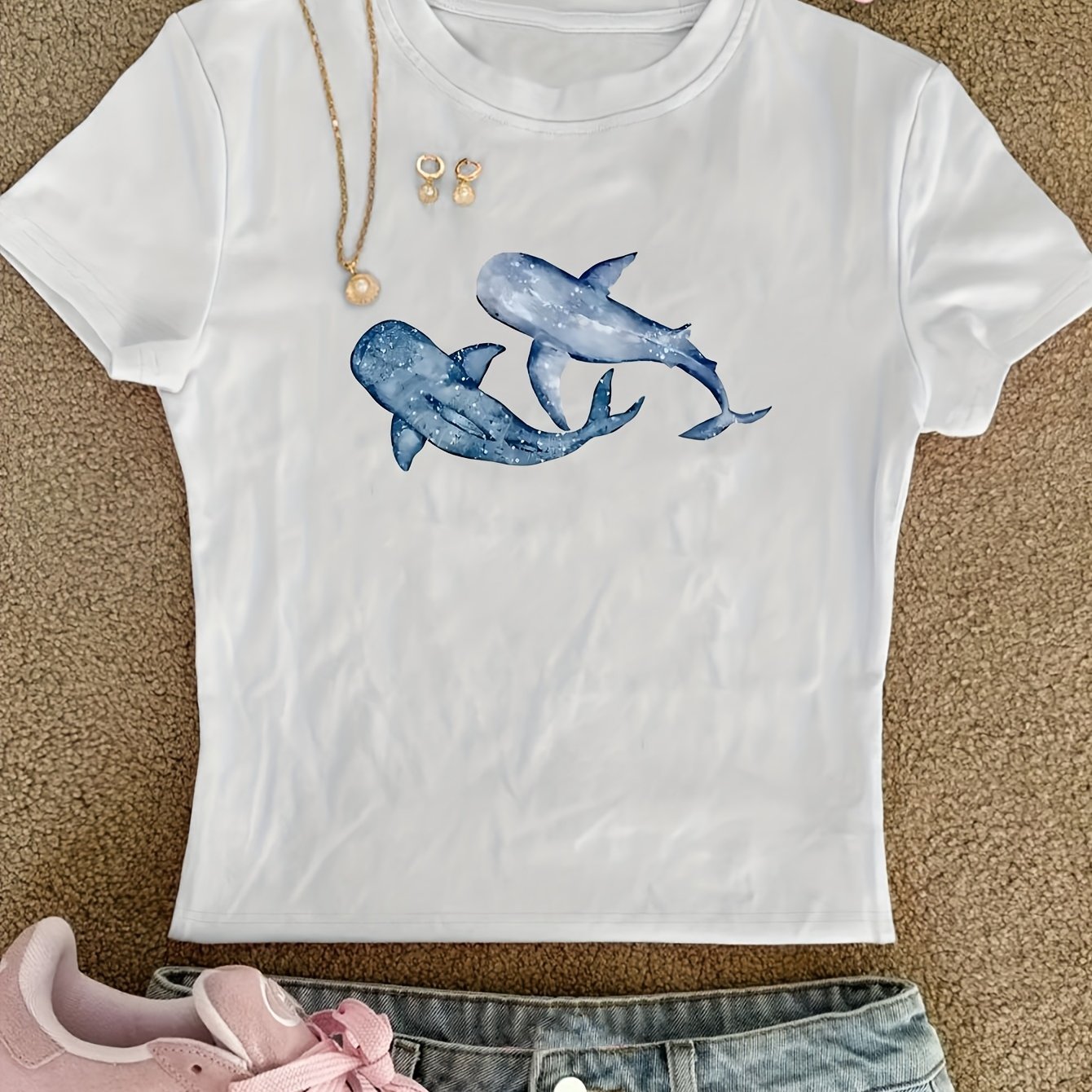 TEMU 00008-a Tight Top, Creative Trendy Dolphin Pattern Print T-shirt, Tight Short-sleeved Round Neck Casual Top, Summer And Spring, Women's Clothing