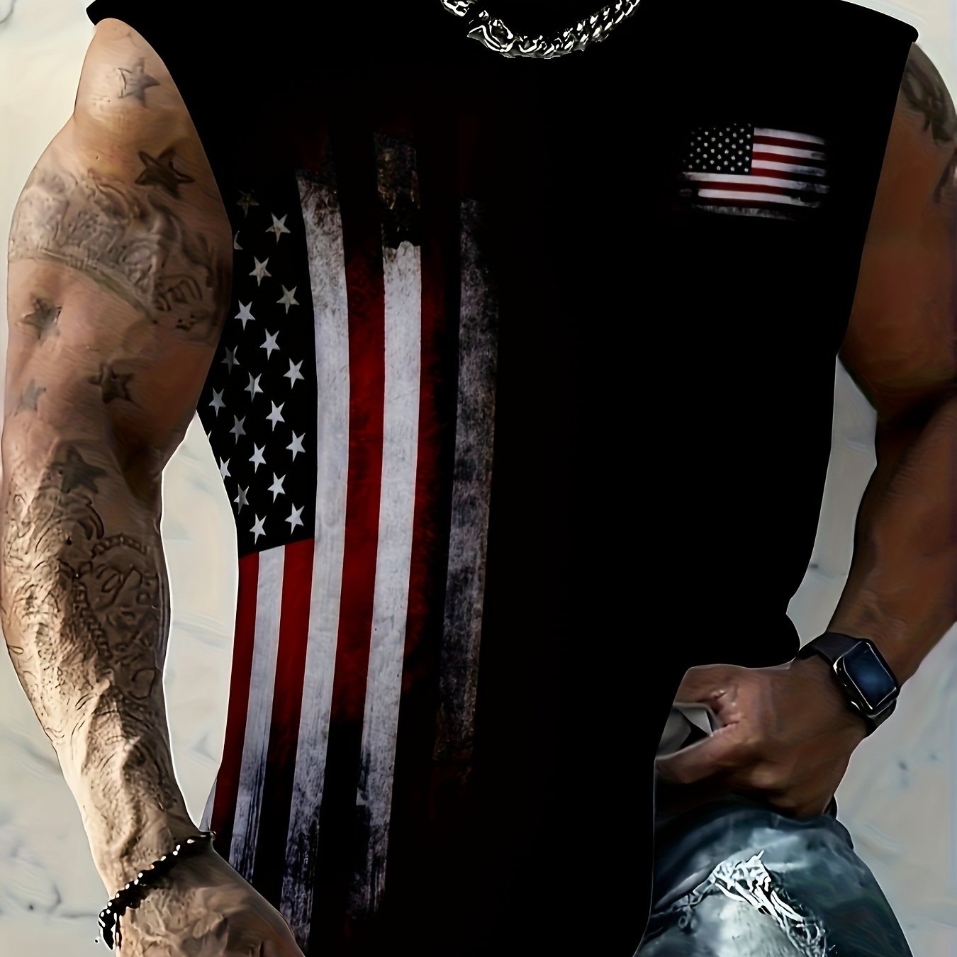 TEMU [print Design-not Textured] Men's Plus Size Print Comfortable Breathable Vest, Casual Sleeveless T-shirt, Patriotic Flag Pattern Summer Fitness
