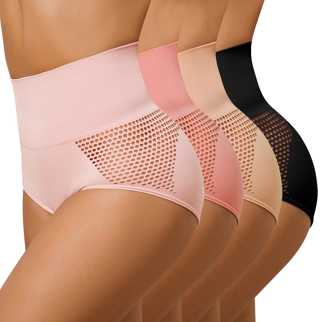 Image of Pack Of 4 Tummy Control Panties For Women With Mesh And Breathable High Waist Lift Butt Shapewear To Shape And Tighten The Body