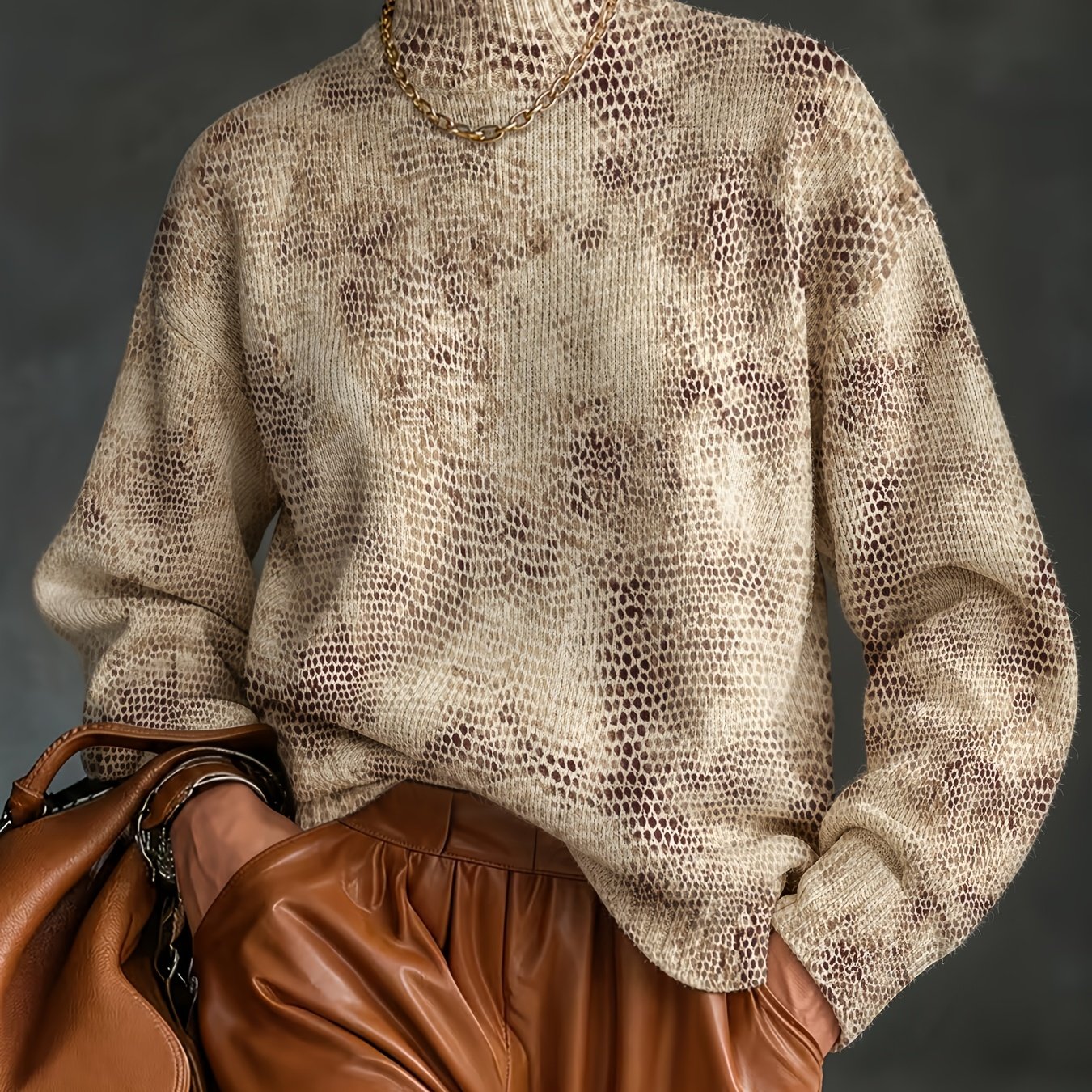 TEMU [2d Digital Printing] Autumn Winter Mid-high Neck Long Sleeve Sweater Bohemian, Fashionable All-match Pullover, Women's Top With Flat Pattern