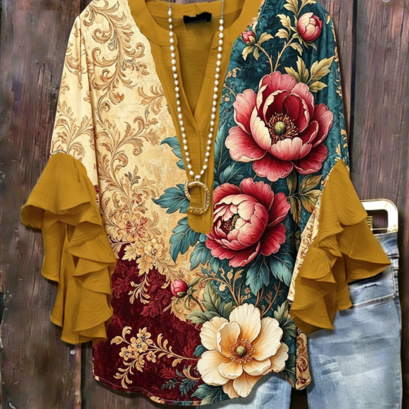 Image of New Arrival Women's Ruffle Sleeve Top, Retro Painting -block Peony Floral Print, Summer Cool& Comfortable Blouse, Fashion Versatile Design Outdoor Streetwear