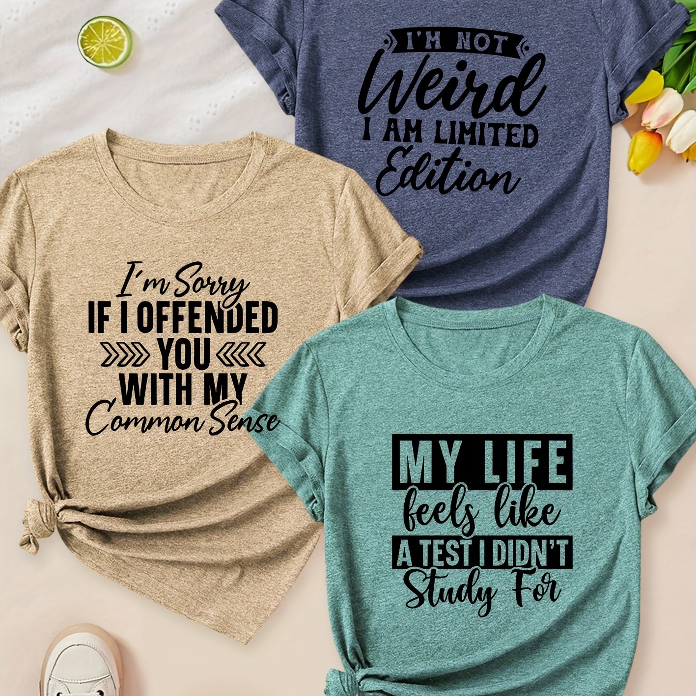 TEMU Fashion English Series Printed Pattern Round Neck 3pcs Short Sleeve T-shirts Spring/summer Women's Tops