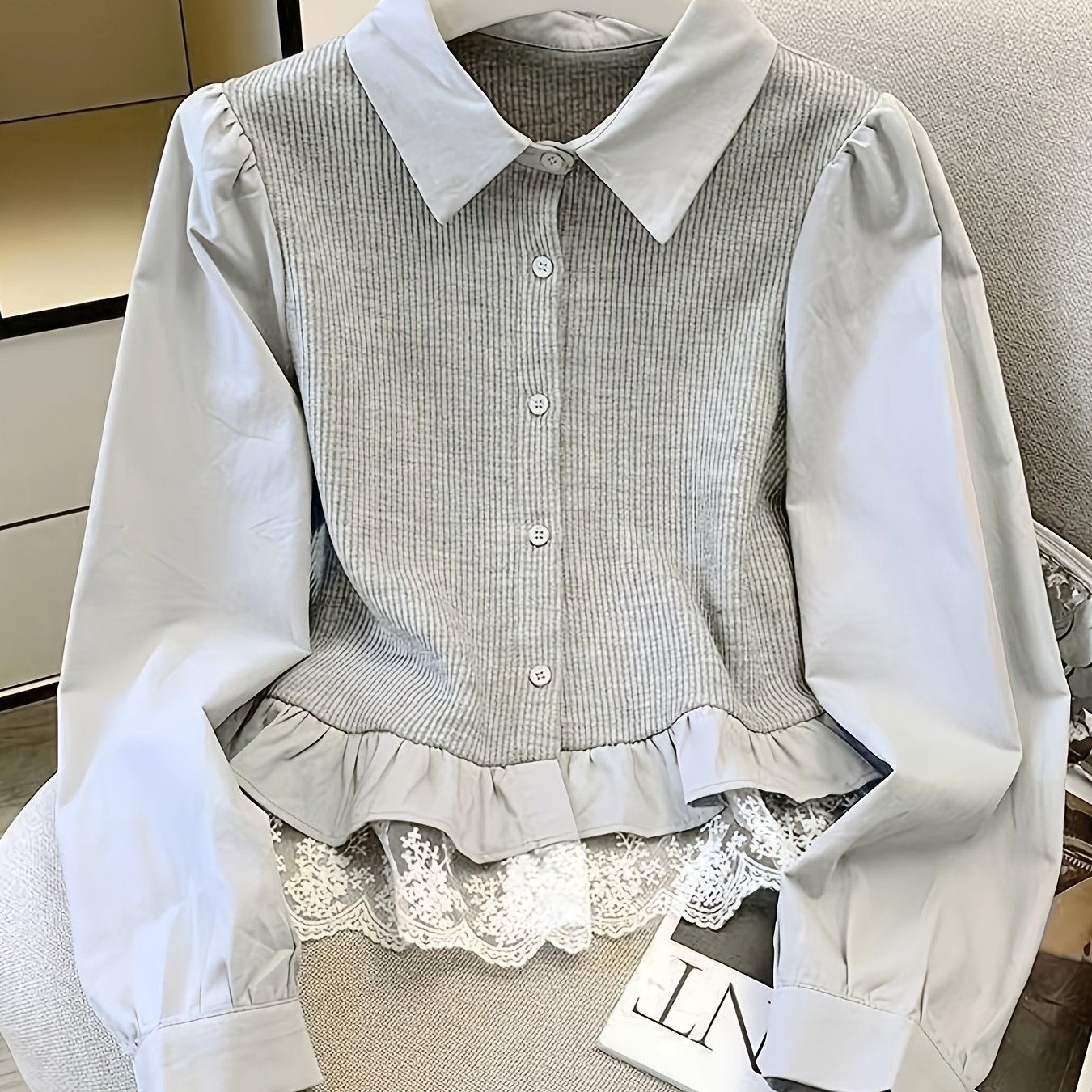 TEMU Women's Fake 2pcs Ruffle Hem Blouse Light Grey Collar Lace Lining Cropped Office Long Sleeve Top
