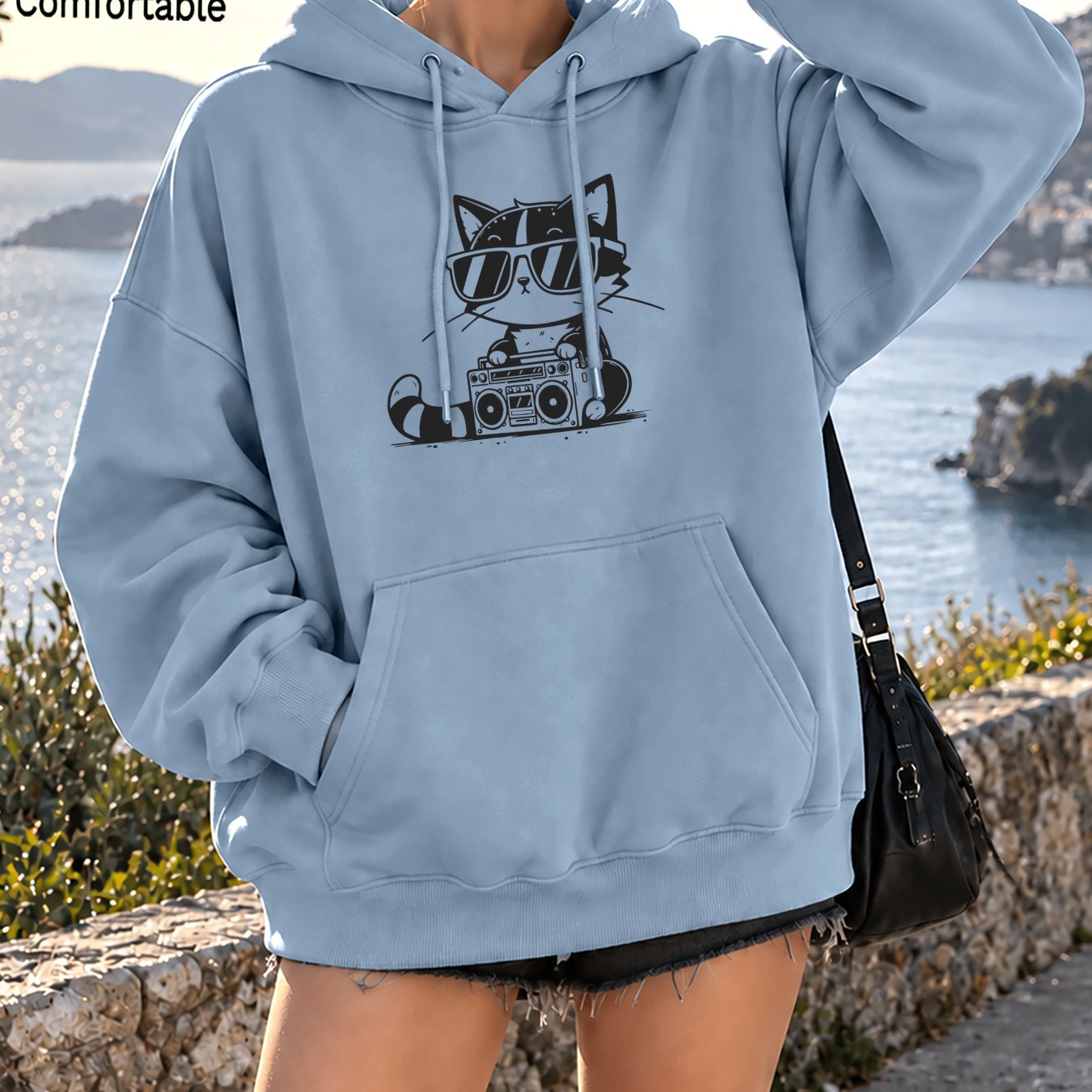 Image of Autumn Women's Stylish Pocket Hoodie With Drawstring, Cute Featuring Cartoon Cat In Fashion Glasses On Vintage Radio Print For Ladies Daily Wear , Loose Pullover Sweatshirt Jacket
