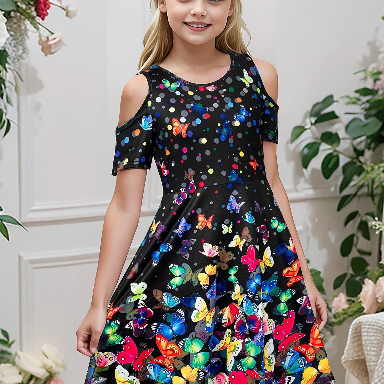 Image of Colorful Print Cold Shoulder Dress Girls Casual Dresses For Summer Party Gift