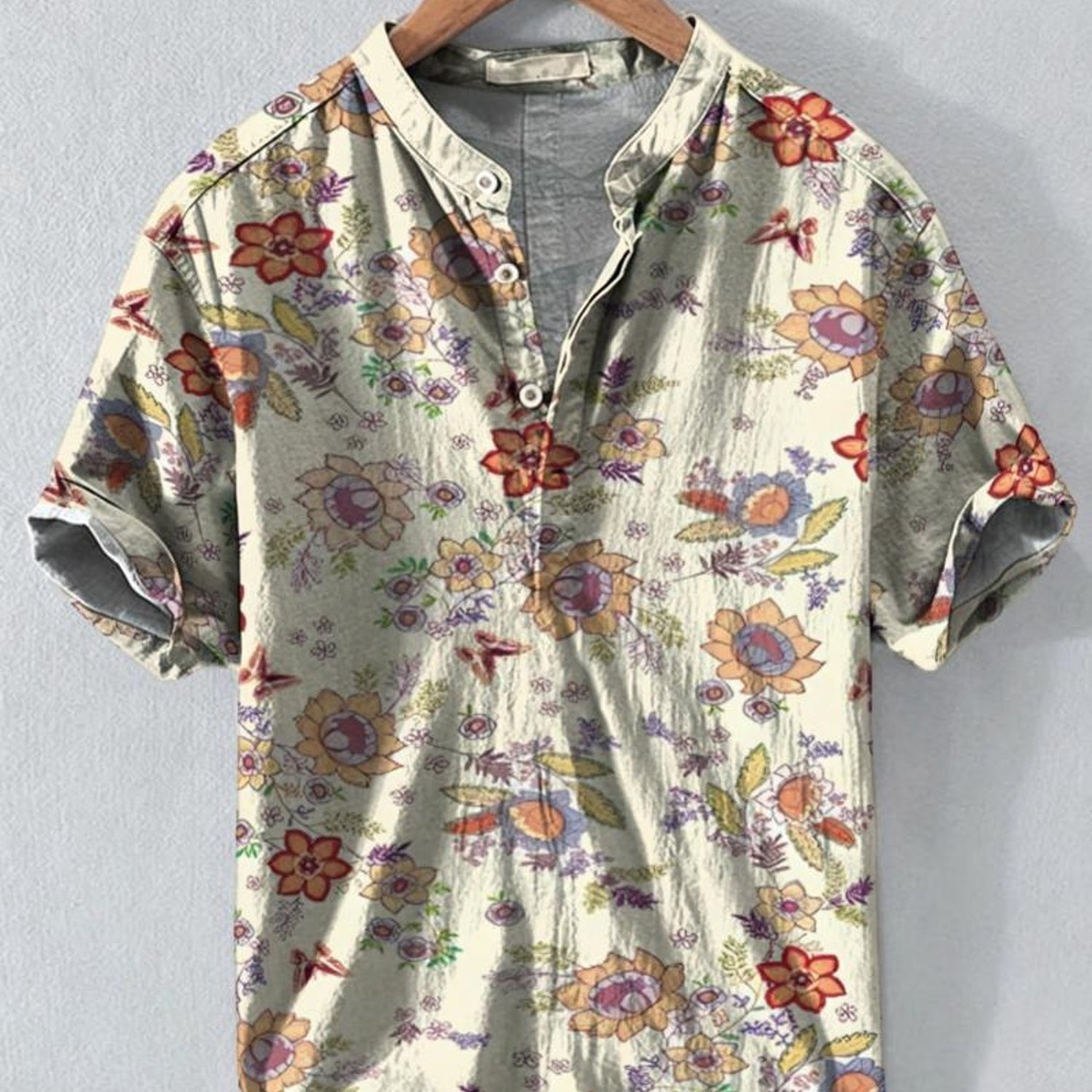 Image of Men's Stand-collar Shirt, Mixed Colors, Multiple Sizes , Vintage Floral Pattern, Polyester Fabric, Casual Comfortable Outfit, Suitable For Daily Wear And Leisure Scenes, Stylish And