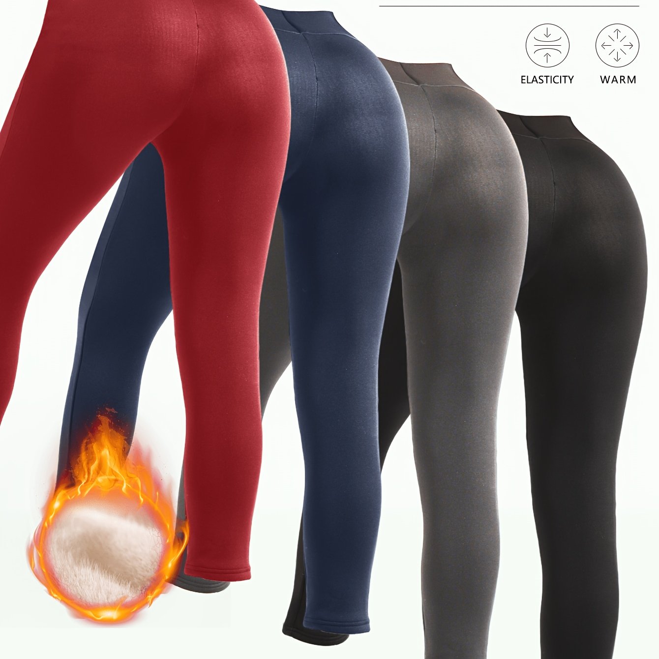 4-pack Fleece Lined Pants With Side Pockets, Wine Red Navy Gray Black Warm Winter Leggings