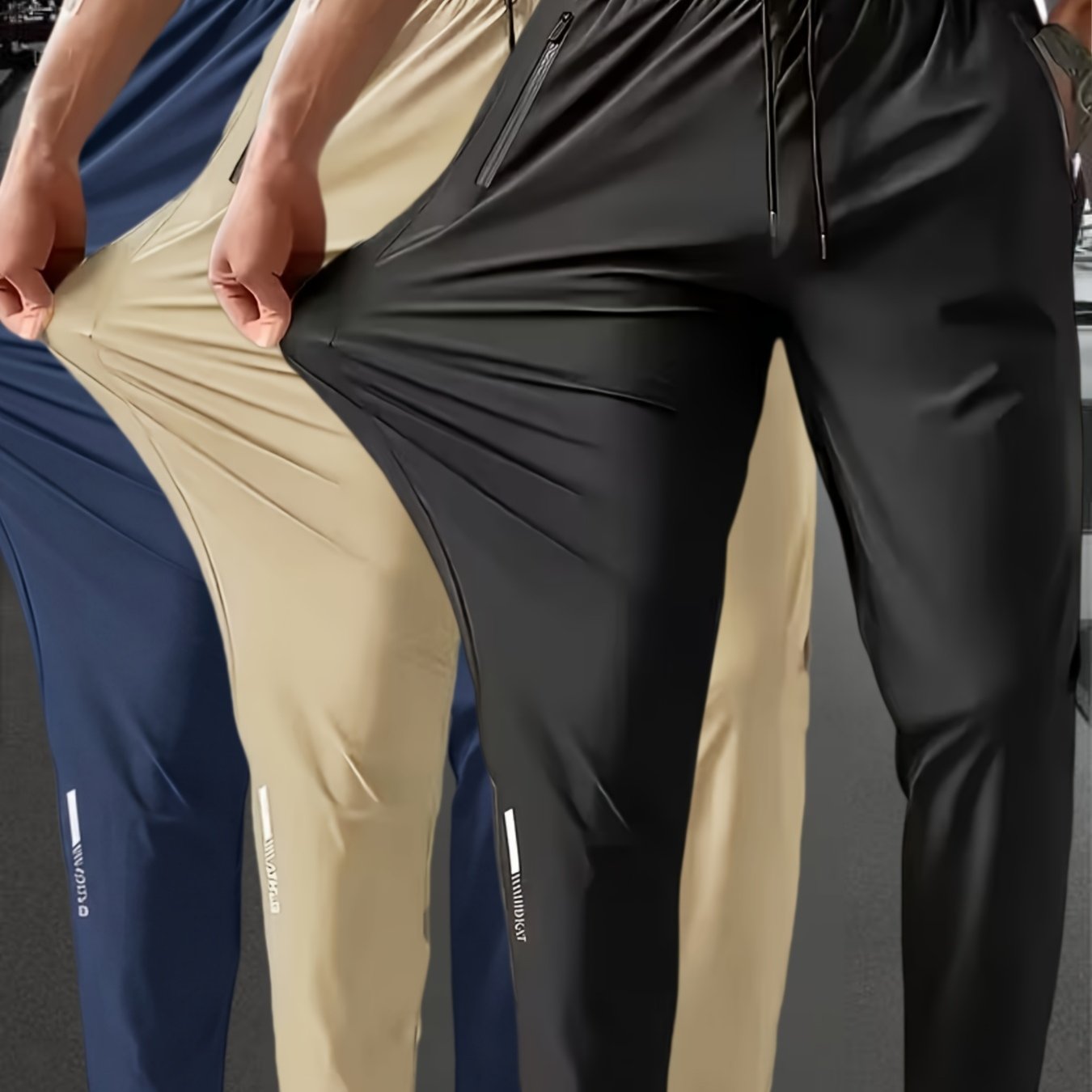 TEMU 3pcs Men's High-stretch Sports Pants - Lightweight, Quick-drying, Straight-leg Casual Pants With Zippered Pockets