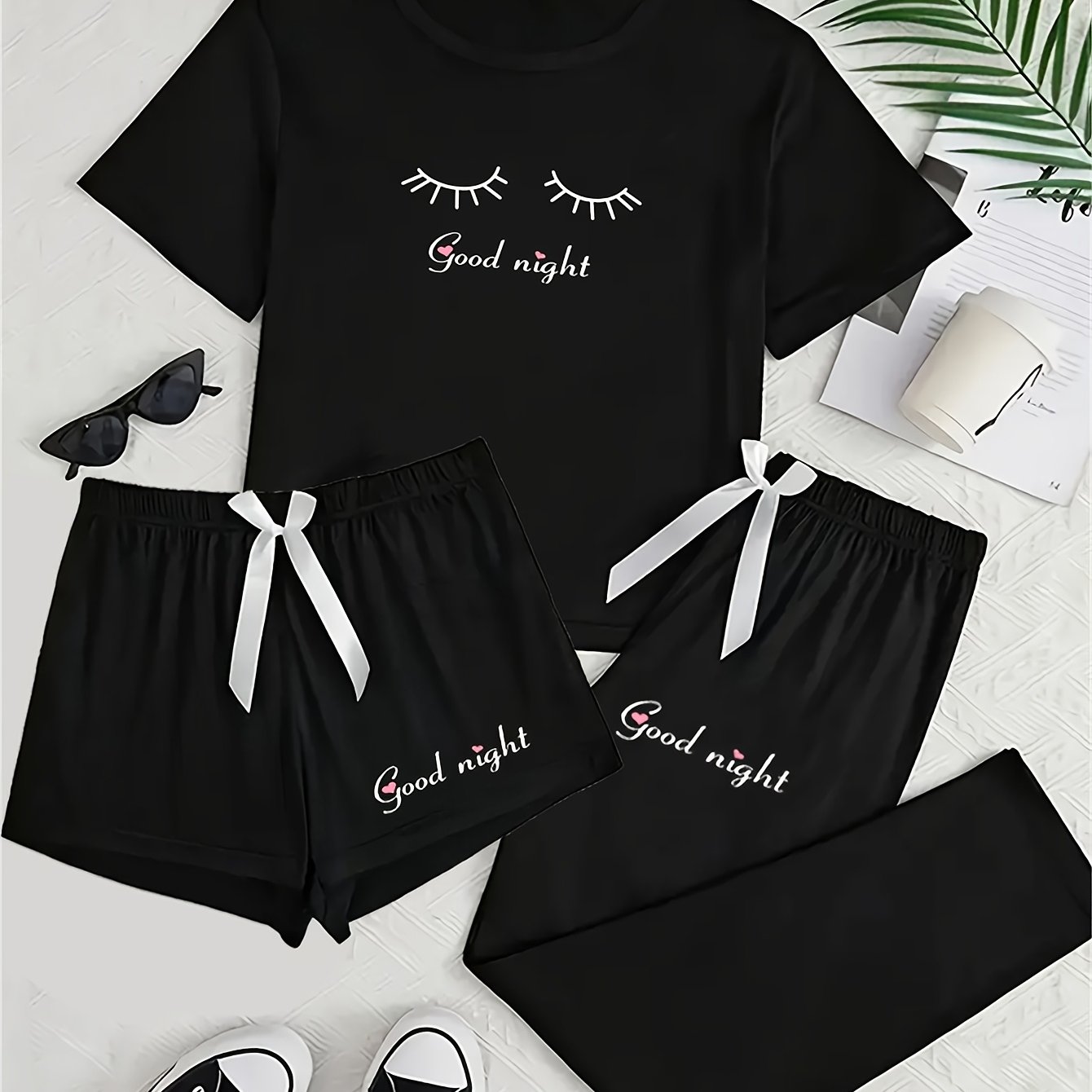 Image of 3pcs /summer Women's Pajama Set, Simple Printed Short-sleeve Crew Neck Top With Bow Elastic Waist Shorts & Long Pants 3pcs Set, Comfortable And Casual Women's Loungewear Set