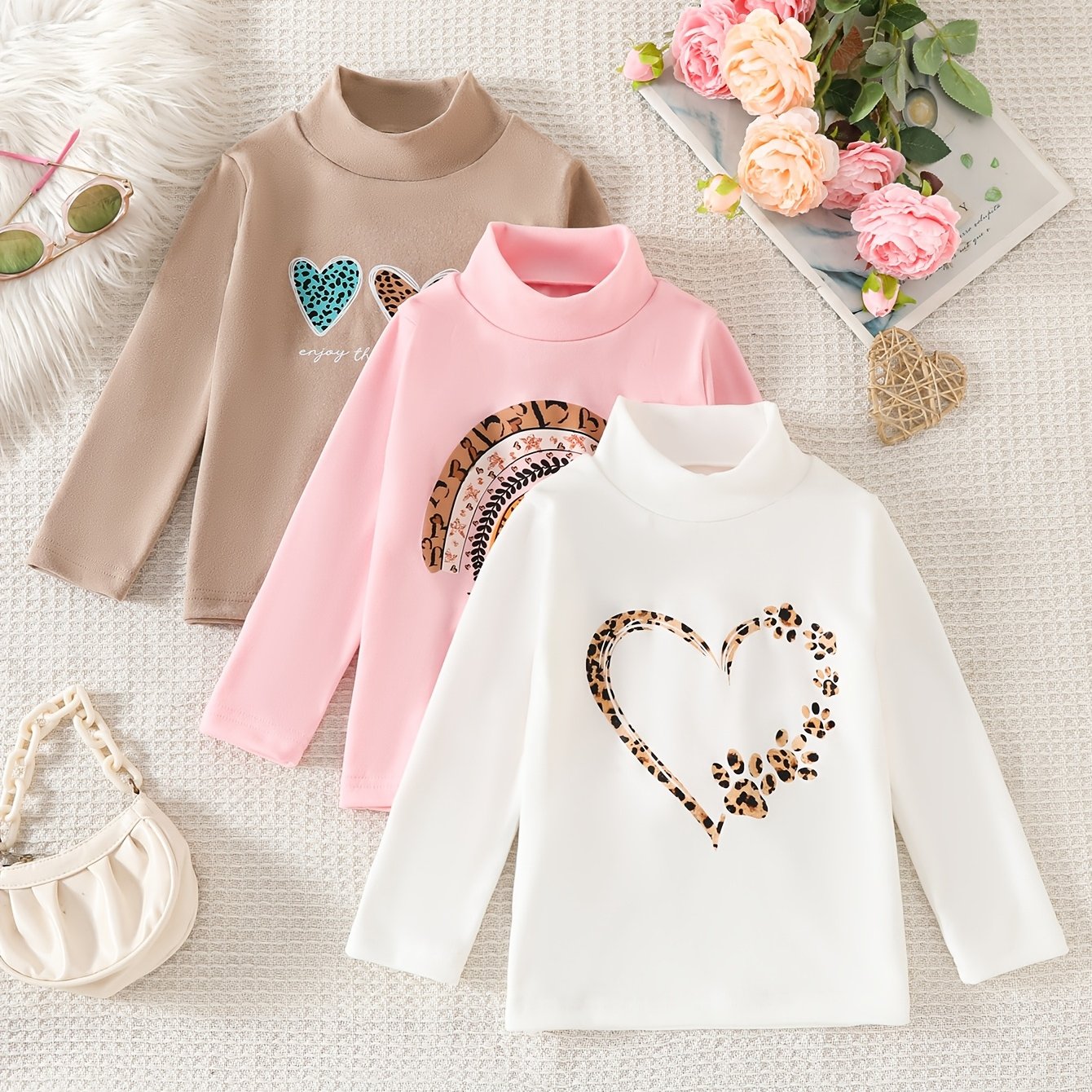 Image of 3-pc Girls' Autumn/winter Warm Tops, Children's Cartoon Base Layer Shirts, High-stretch Casual Clothing, Long-sleeve Crew Neck Pullover Knit Tops