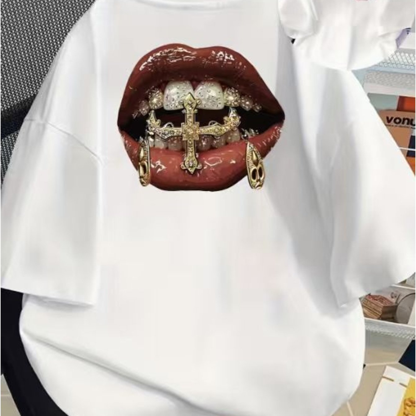 TEMU Women's Hip-hop Golden Teeth Print Short-sleeve Top - Golden Grill Design, Crew Neck Casual Shirt, Machine Washable Regular Fit Tunic Suitable