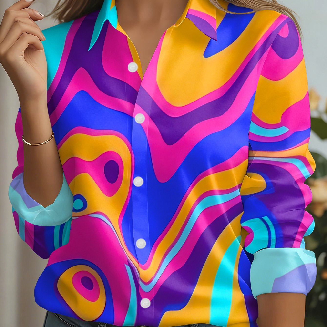 TEMU Camisa con lazada delantera para mujer de , estampado abstracto y colorido, estampado y enérgico, top para /otoño, versátil camisa de larga con