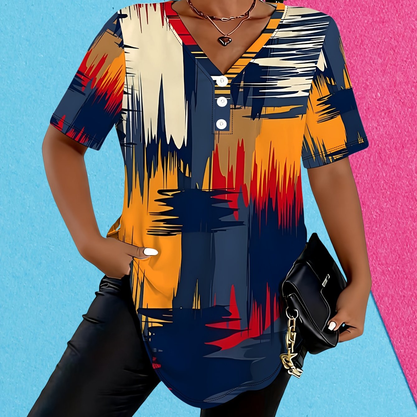 TEMU T-shirt d'été grande taille pour femmes, col en V à boutons, manches courtes, imprimé color-block, haut décontracté et confortable, respirant et