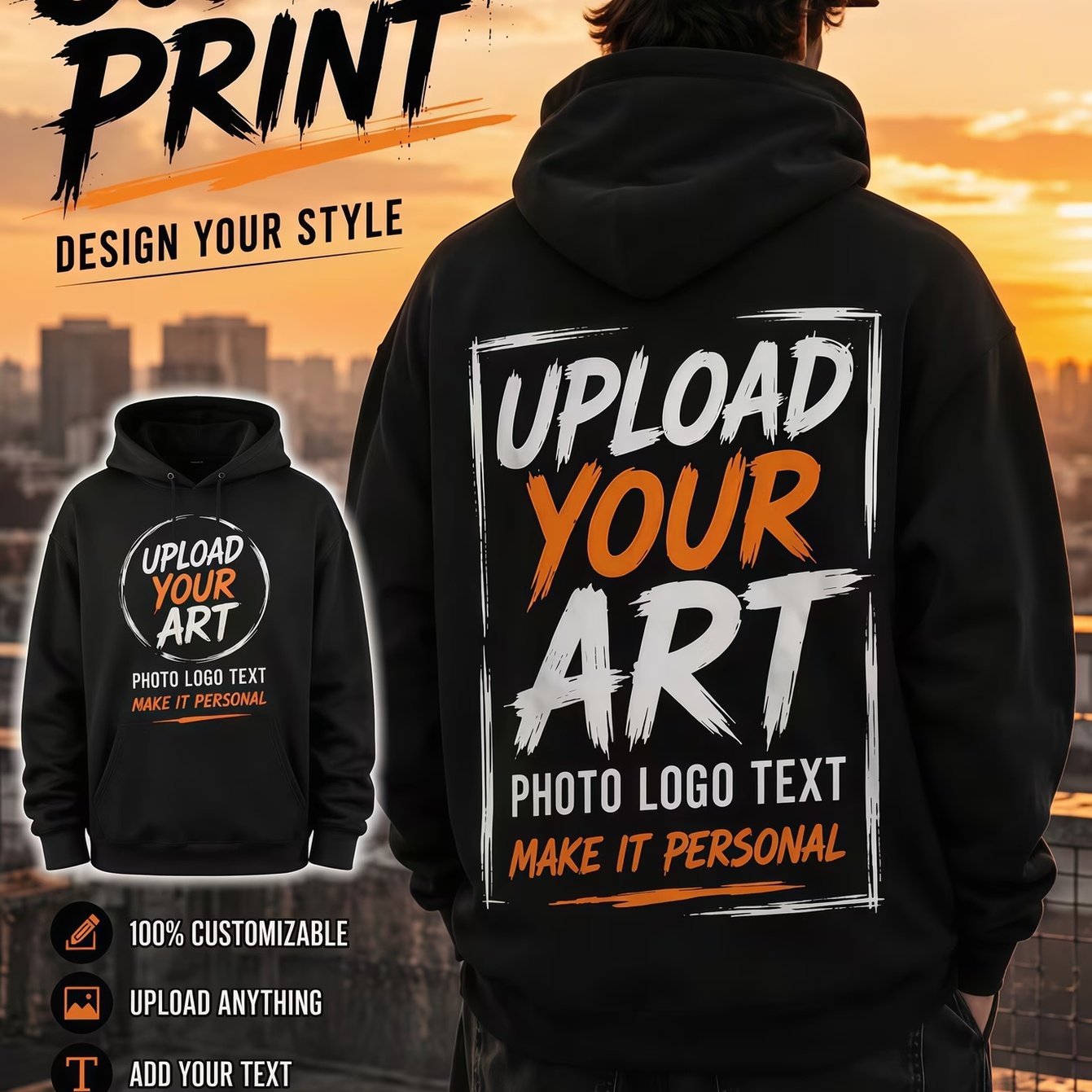 Image of Double-sided Custom Black Hoodie On The Front And Back. Supports Uploading Images, Artwork, Name, Date, Text, And Logo. Daily Casual Personalized Hooded Sweatshirt