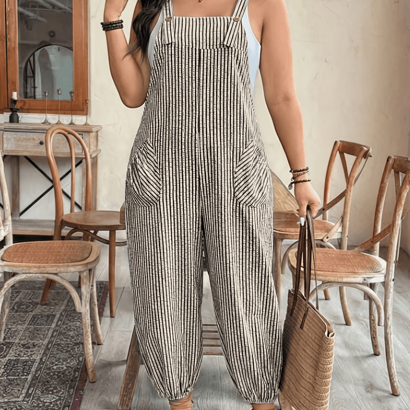 TEMU Plus Size Women's Elegant Striped Pocket Jumpsuit, Suitable For Work, Commute, Dates, And Vacations
