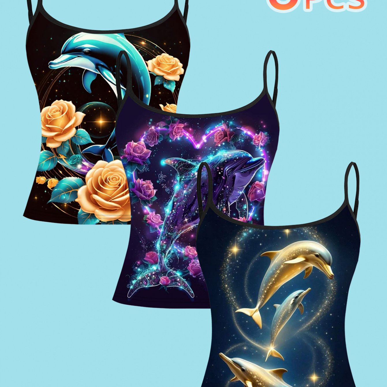 TEMU Plus Size, 3pcs Set Starry Sky Rose Dolphin Print Plus Size Spaghetti Strap Top With A Romantic And Ethereal Atmosphere