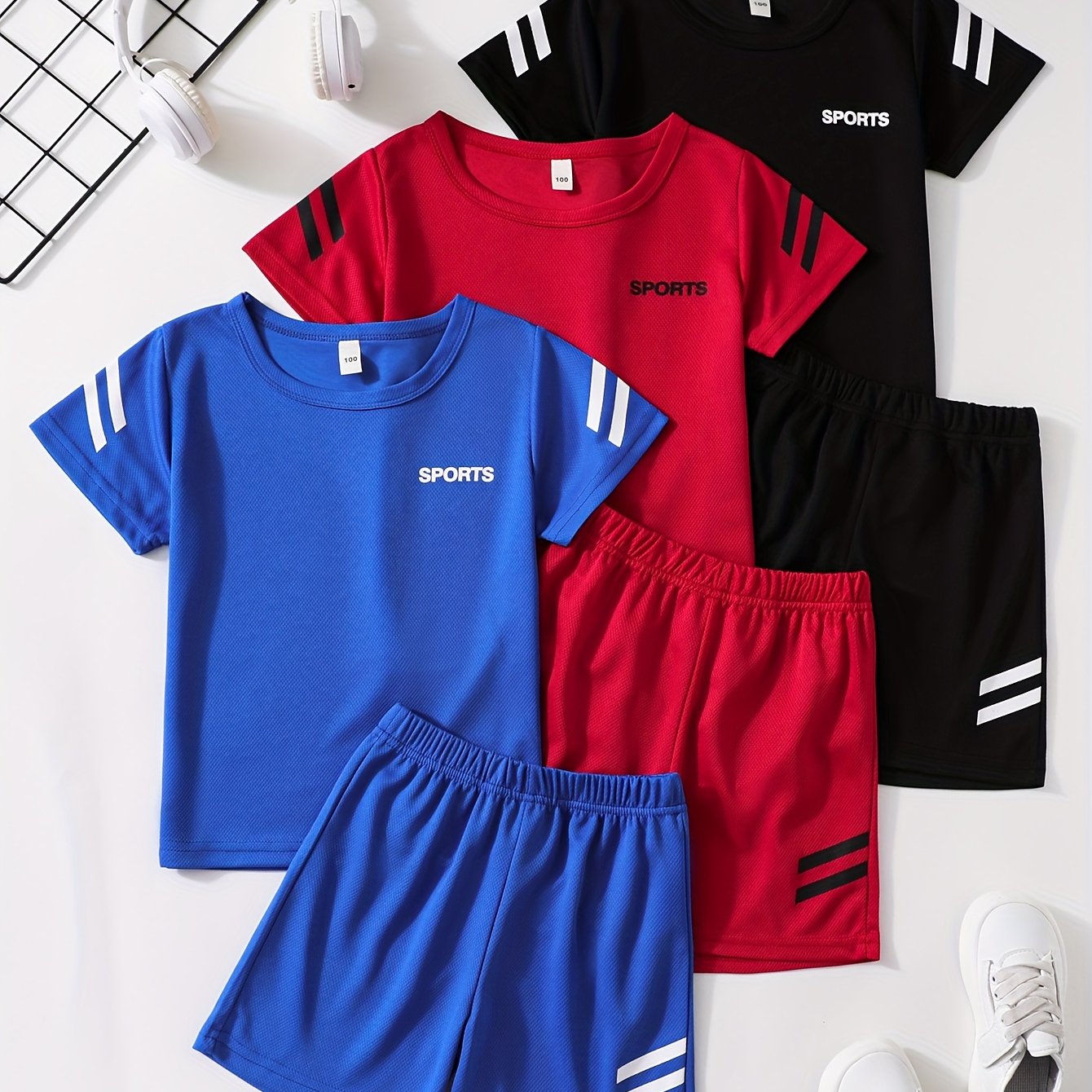 Boys' Summer Round Neck Solid Color Multi-piece Sports Casual Shorts Set, For Outdoor