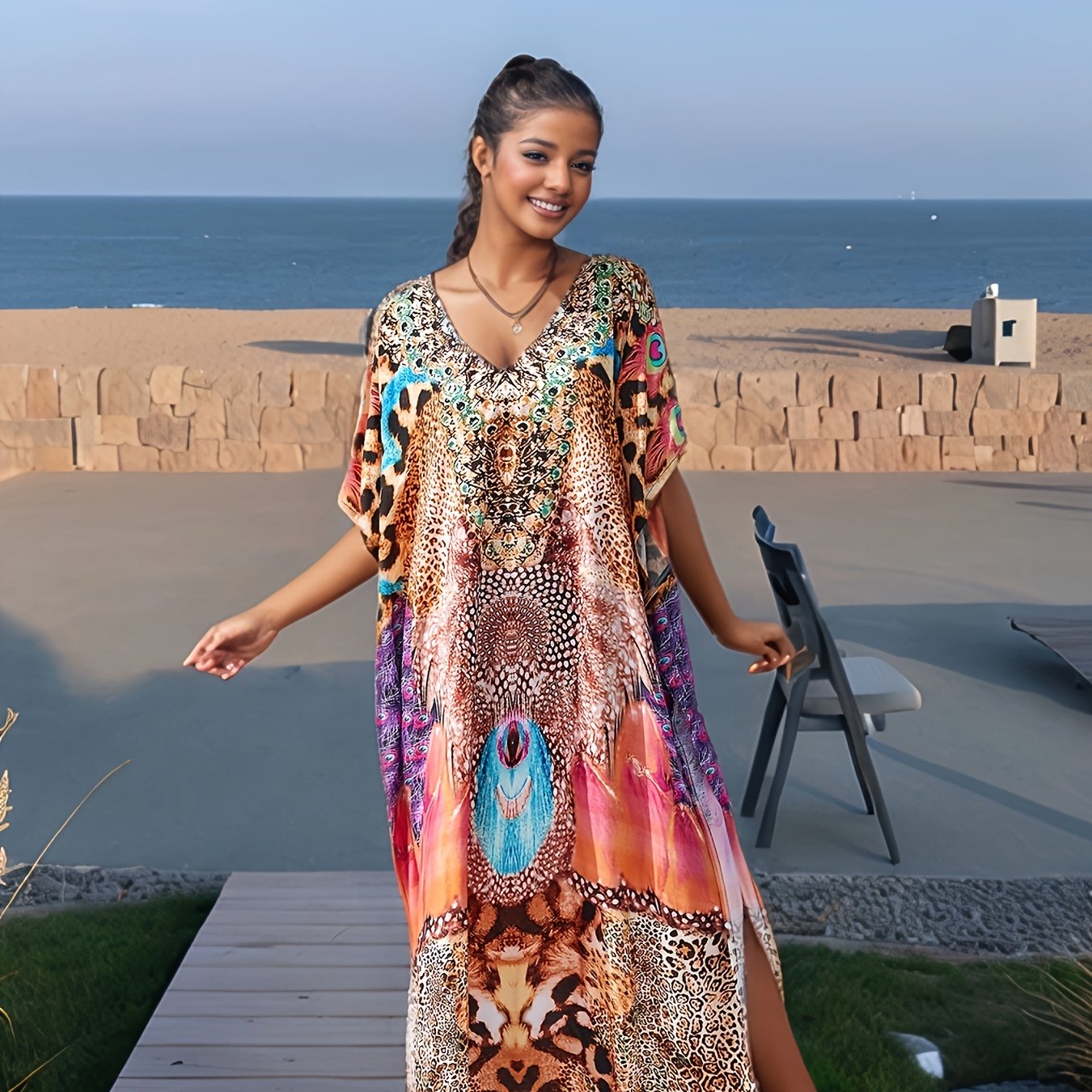 Women's Bohemian Print V-neck Batwing Sleeve Dress With Side Slit - Loose Fit Colorful Summer Beach Dress For Vacation & Casual , Beach Clothes, Outdoor Leisurewear, , , Boho Lovers
