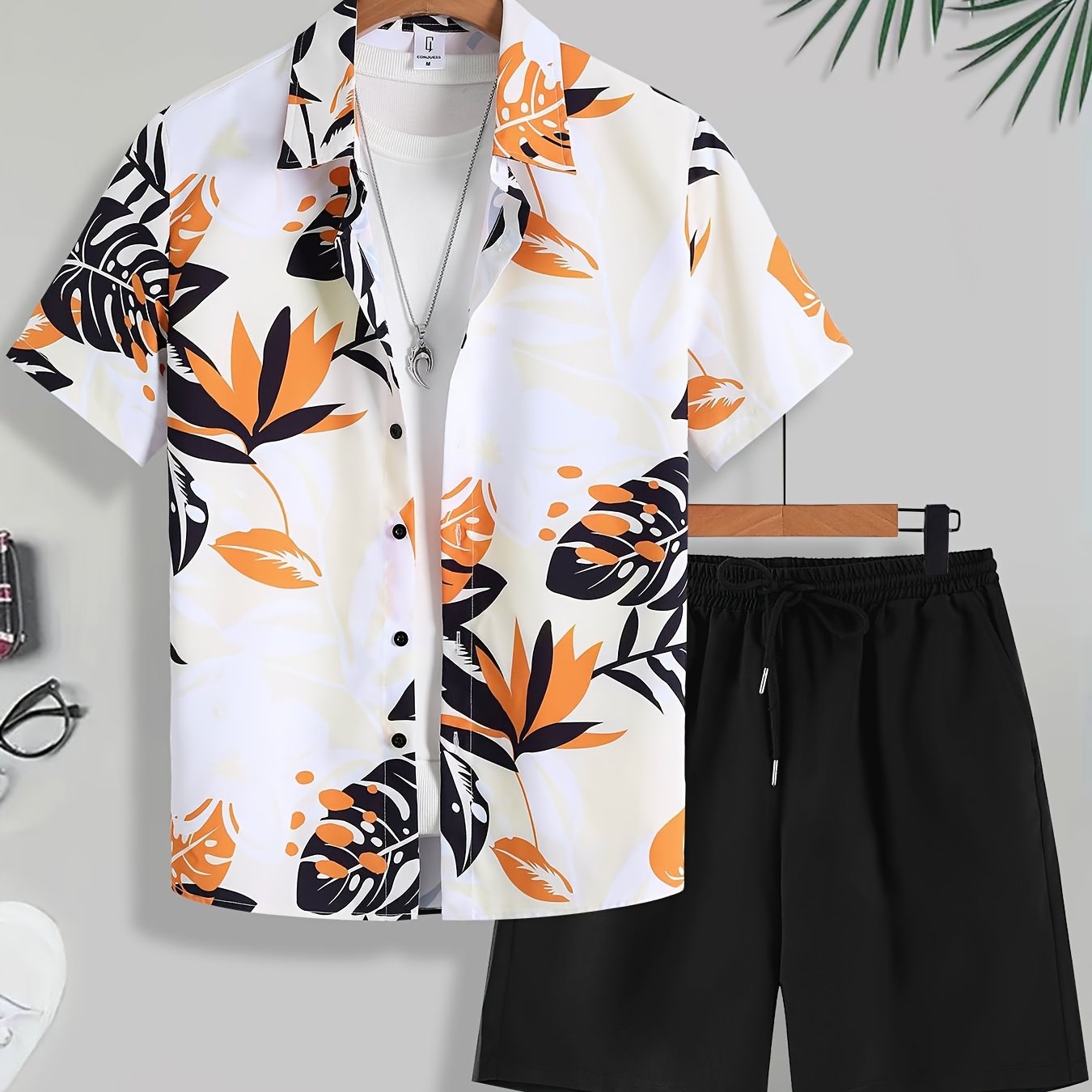 Image of Men's Tropical Print Short-sleeve Shirt With Palm Leaf Design And Solid Color Shorts Set