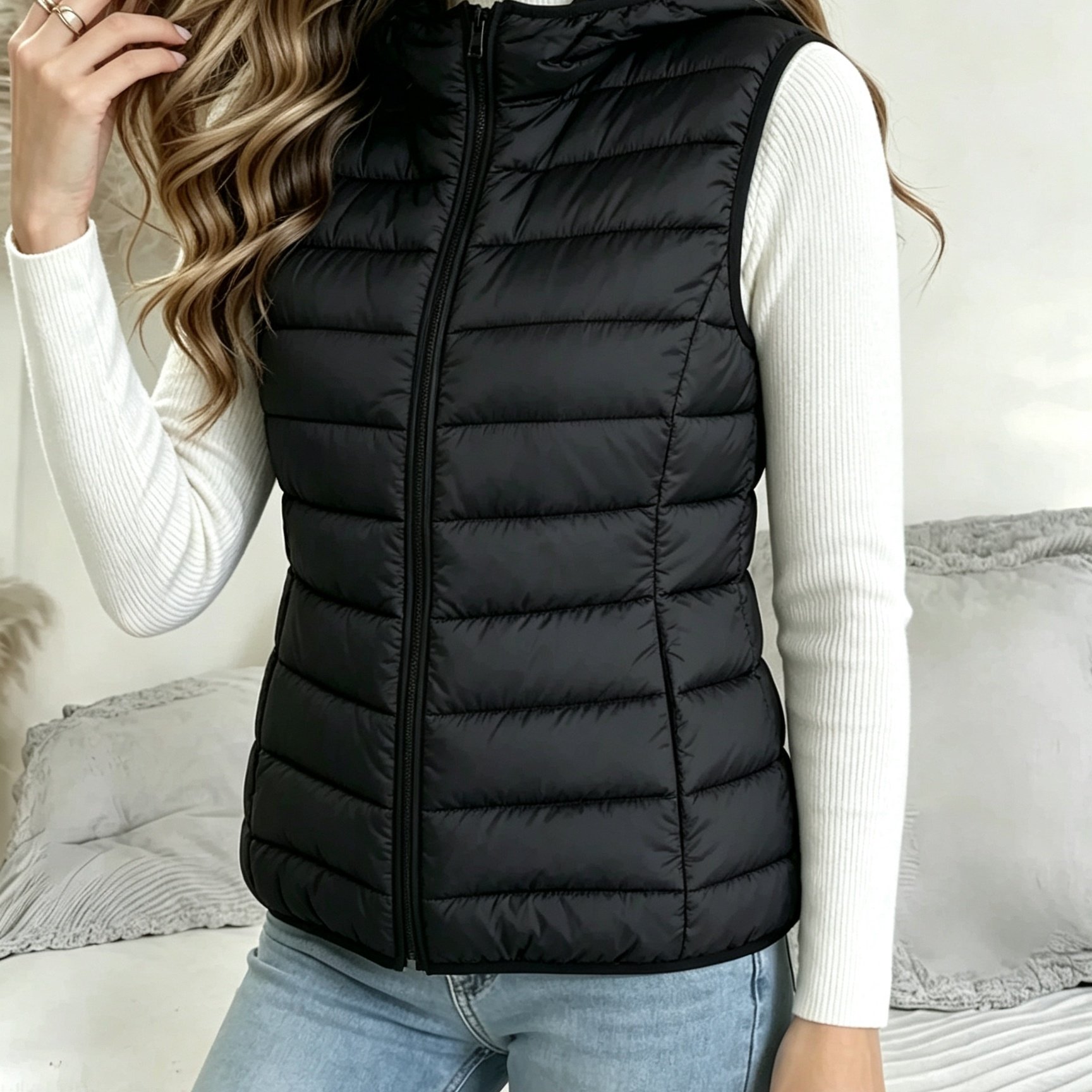 TEMU Women's Hooded Vest For Spring, Autumn, And Winter - Lightweight Collar Zipper Sleeveless Cardigan, Versatile Top For Daily Commuting, Dates,