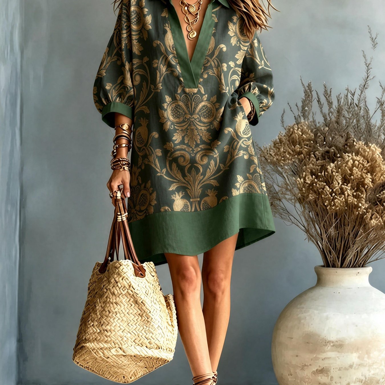 Image of Women's Summer Lapel V-neck Shirt Dress Pattern Print 3/4 Lantern Puff Sleeves Dark Green Baroque Print Elegant Casual Machine Washable Suitable For Daily Parties And Outdoor