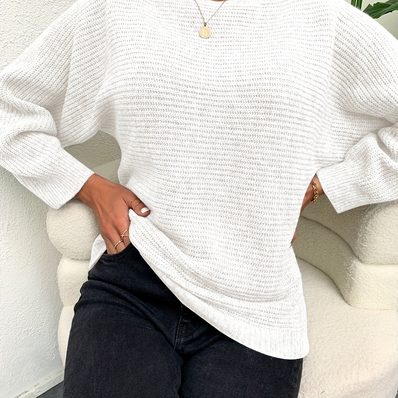 solid boat neck knit bat sleeve sweater casual long sleeve versatile sweater womens clothing