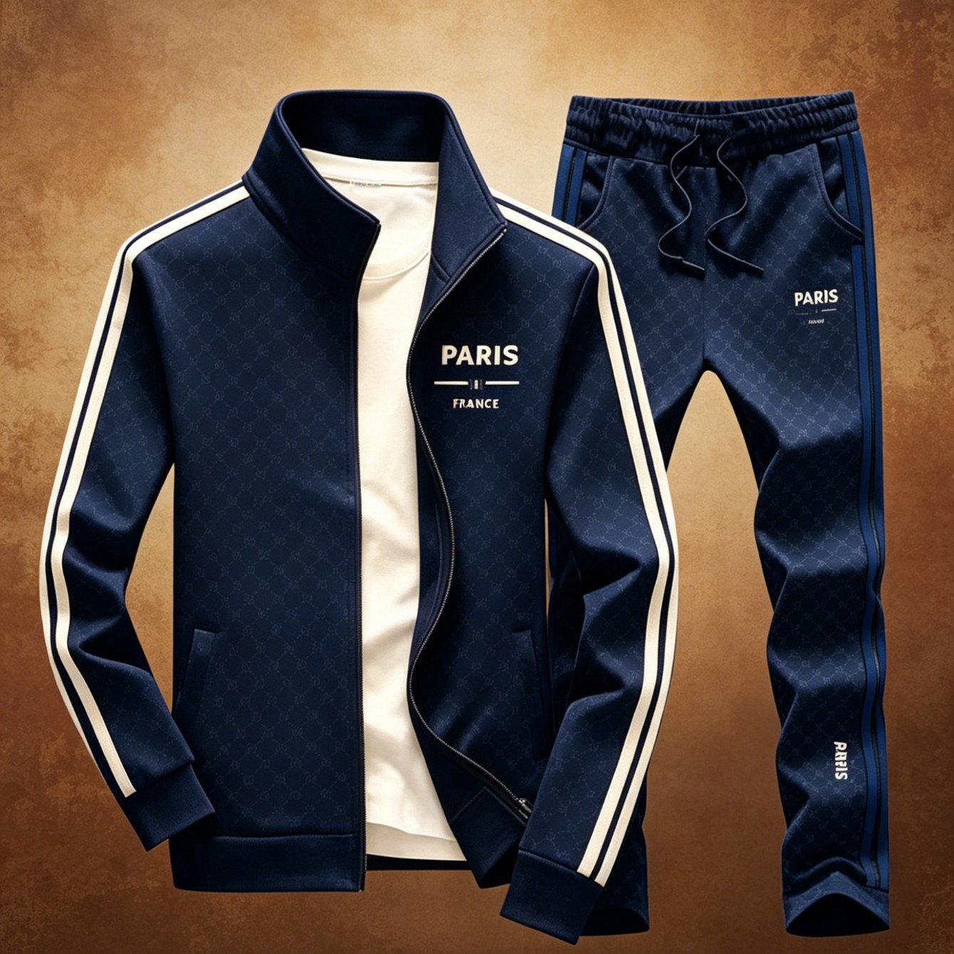 Image of Men's Paris Print 2pcs Tracksuit, Monogram Zip Mock Neck Jacket And Side Stripe Elastic Waist Joggers, Relaxed Lightweight Outfit For Daily Gym