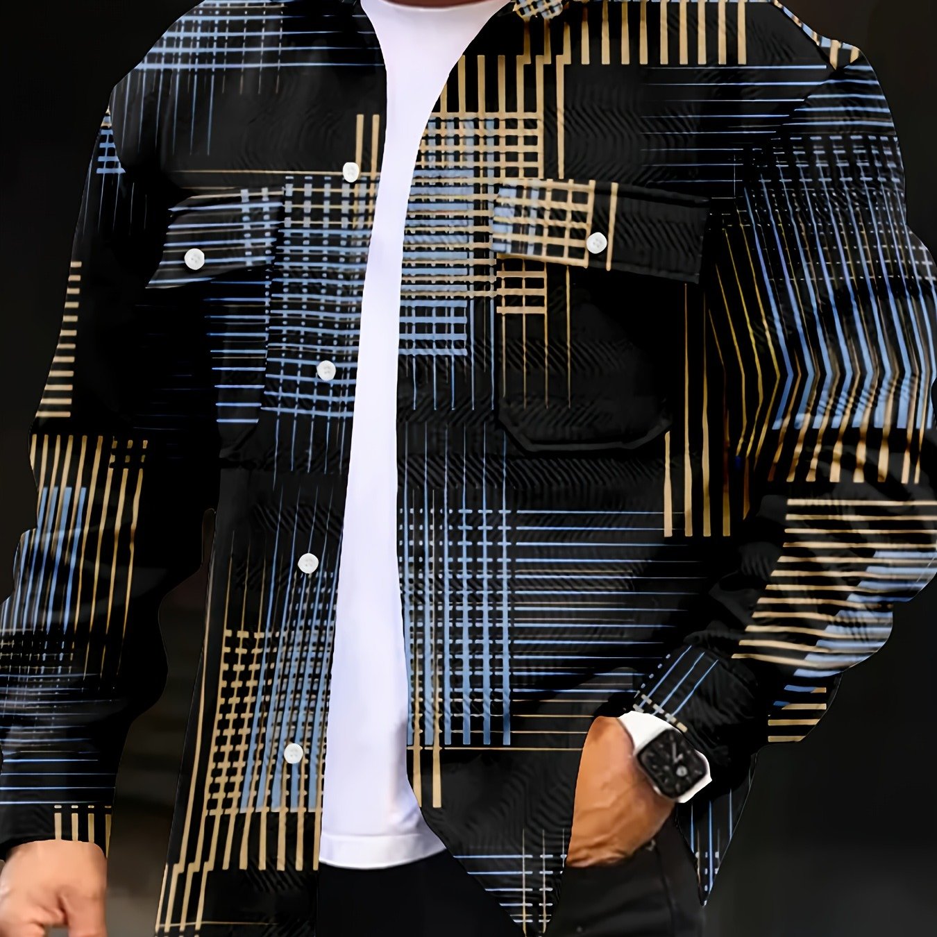 Men's Color Block Shirt Long Sleeve Button Casual Shirt Jacket