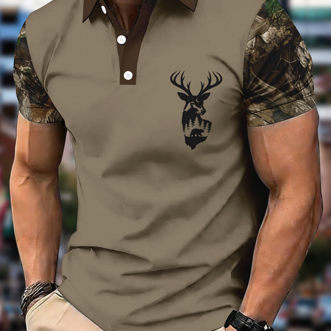 TEMU Fashion Casual, - Men's Summer Casual Short Sleeve Color-block Button-up Collar Shirt Men's Base Layer Sleeve Deer Print Collar Top