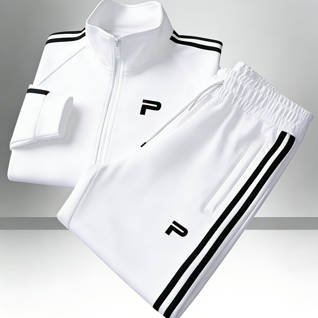 Men's Apparel For Spring And Fall Black Polyester Stand Collar Zip Up Sweatshirt And Pants Set With White And Stripe Sport Style