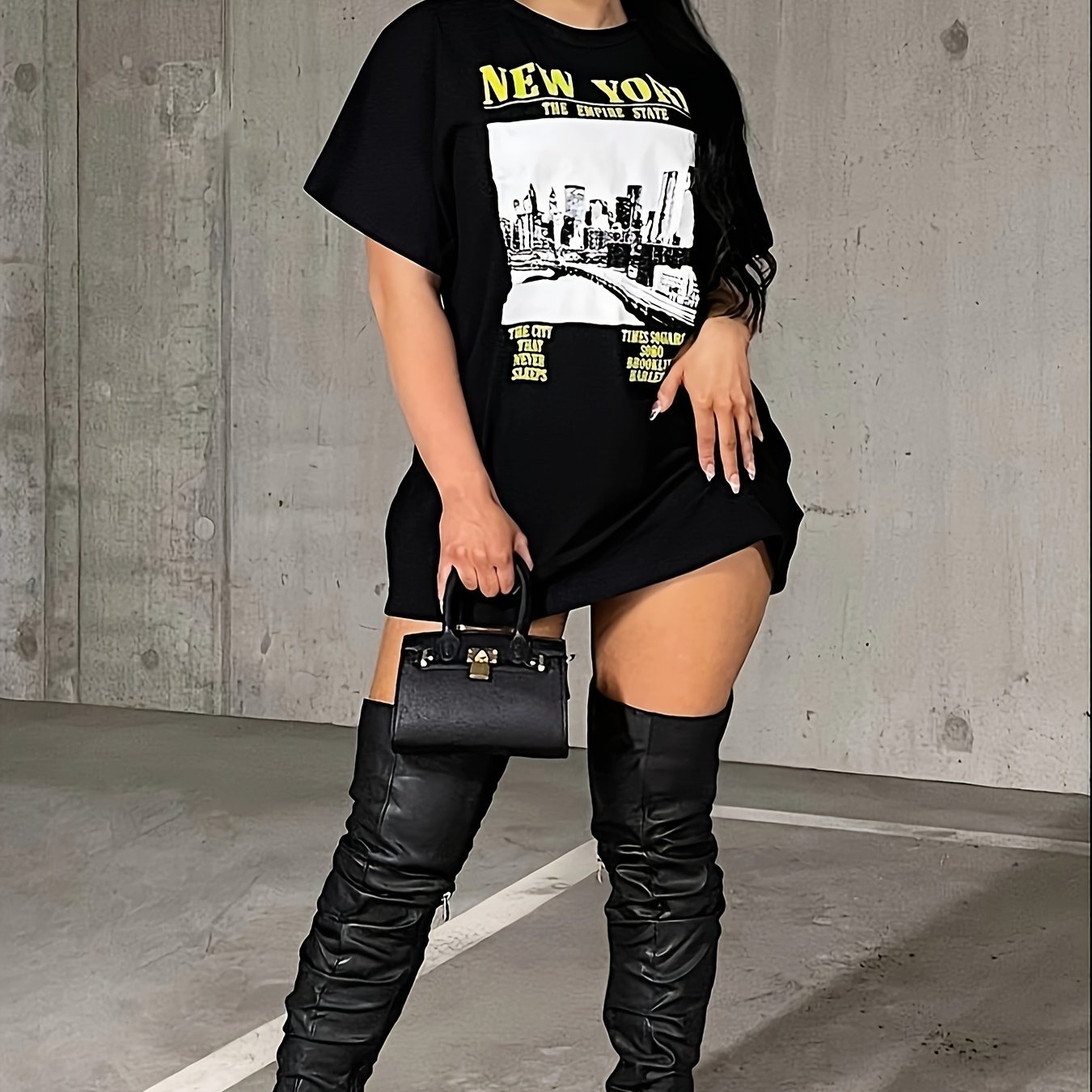 TEMU Women's Fashion Letter Pattern T-shirt Dress - Casual Crew Neck, Short Sleeve, Elastic Blend, Machine Washable - Spring/summer