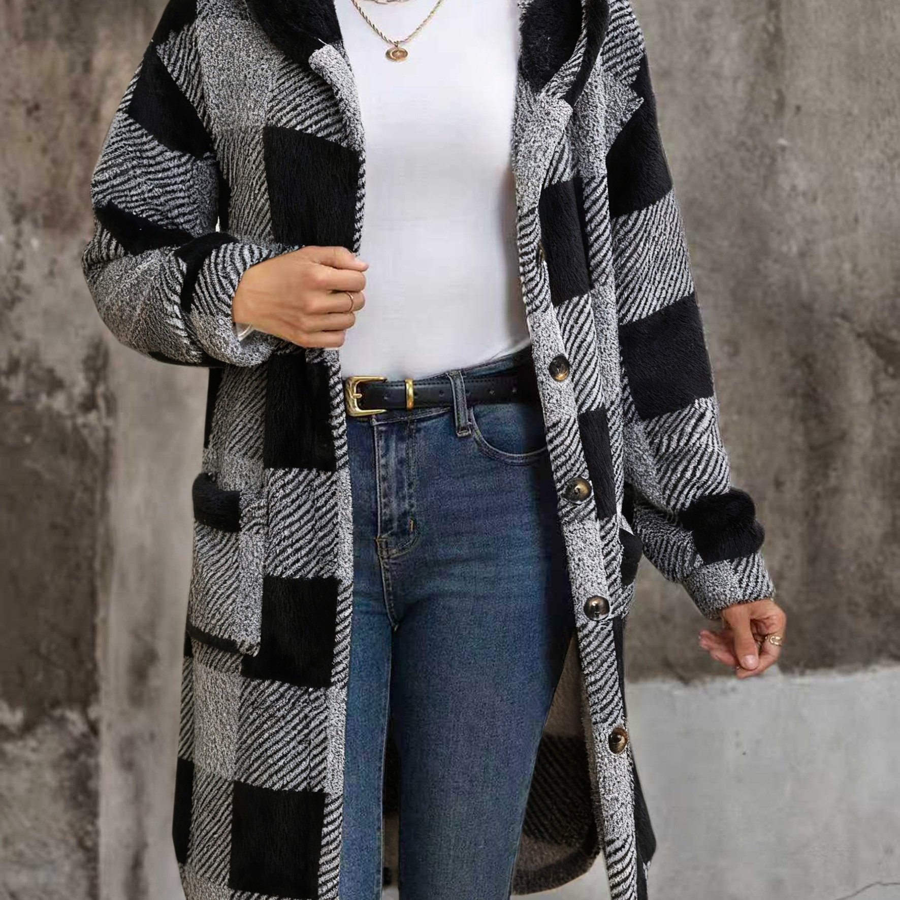 TEMU European And American Women's Autumn/winter New Arrival Black And White Reversible Plush Hooded Pocket Midi-length Casual Jacket