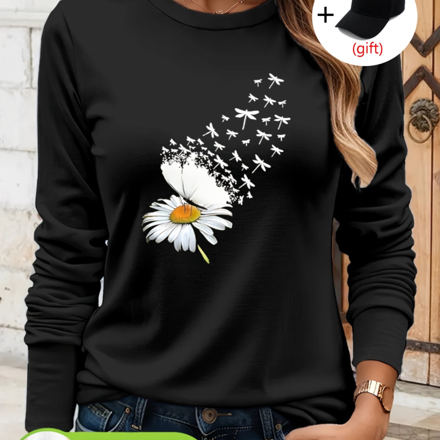 Image of Women's Round Neck Long Sleeve T-shirt | Circle Art Print, , Crew Neck, Stretch Fabric, Loose Fit, Perfect For Spring/fall