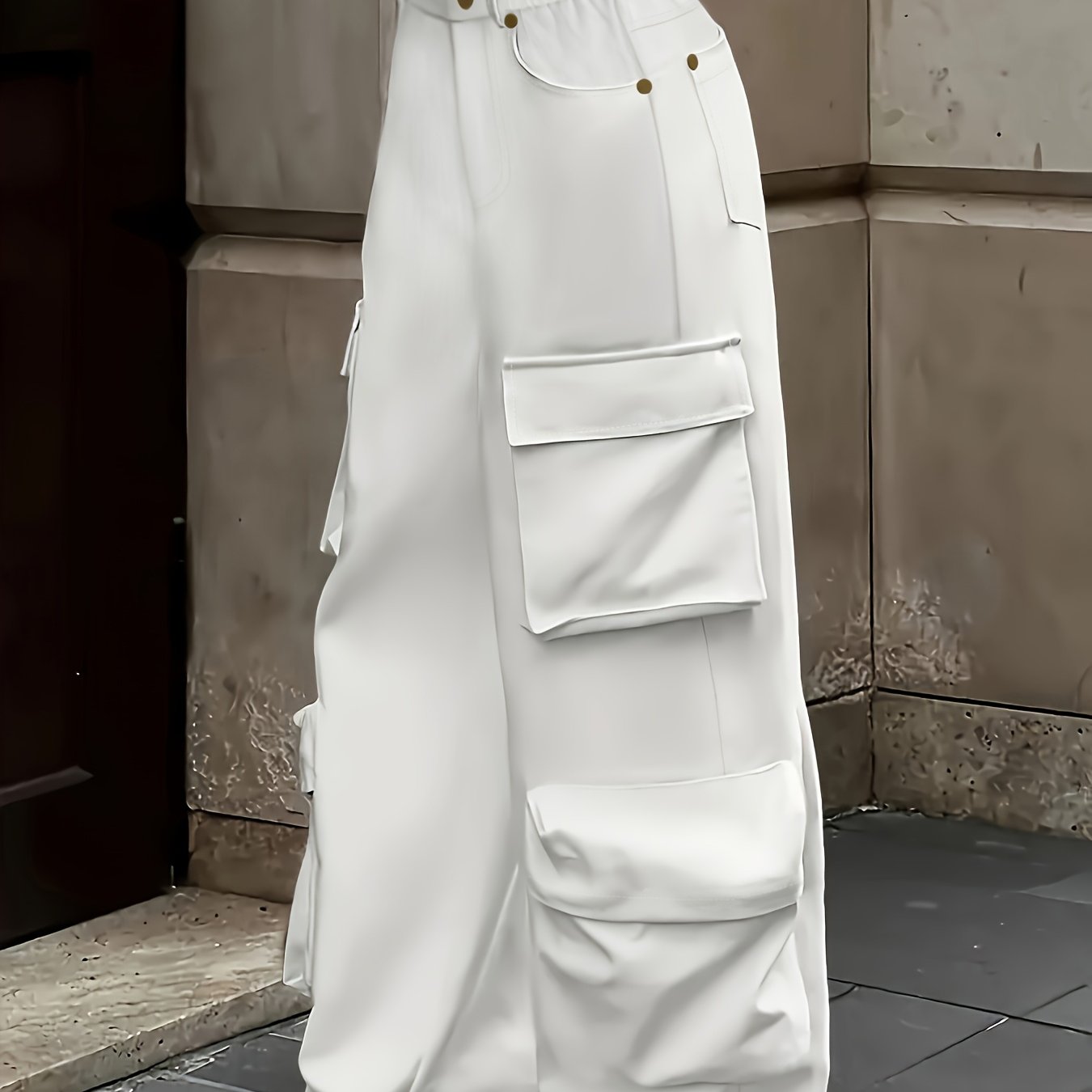 E-shop Damen Street Multi-Pocket Cargo Hose mit elastischem Bund, lässig, einfarbig, ohne Gürtel