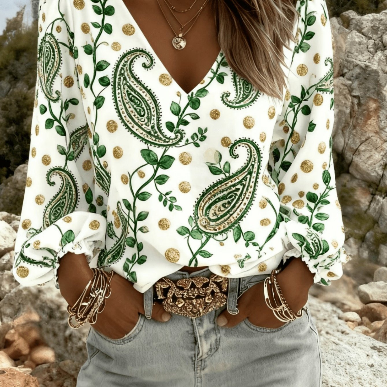 Retro Western Style 2d Flat Print Shirt For Women, Long-sleeved V-neck Top With Bohemian Lantern Sleeves, Perfect For Spring, Easy To Wash In Machine, Ideal For Daily Use And Holidays