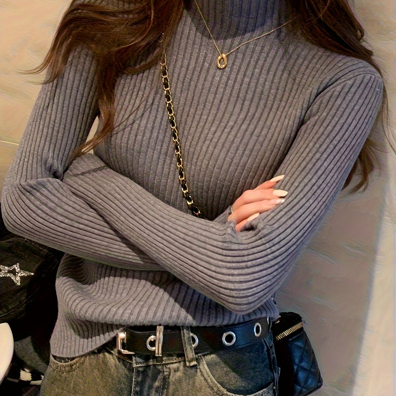 TEMU T-shirt de base à col , ensemble d'automne et d'hiver style coréen, haut intérieur épais, chemise tendance