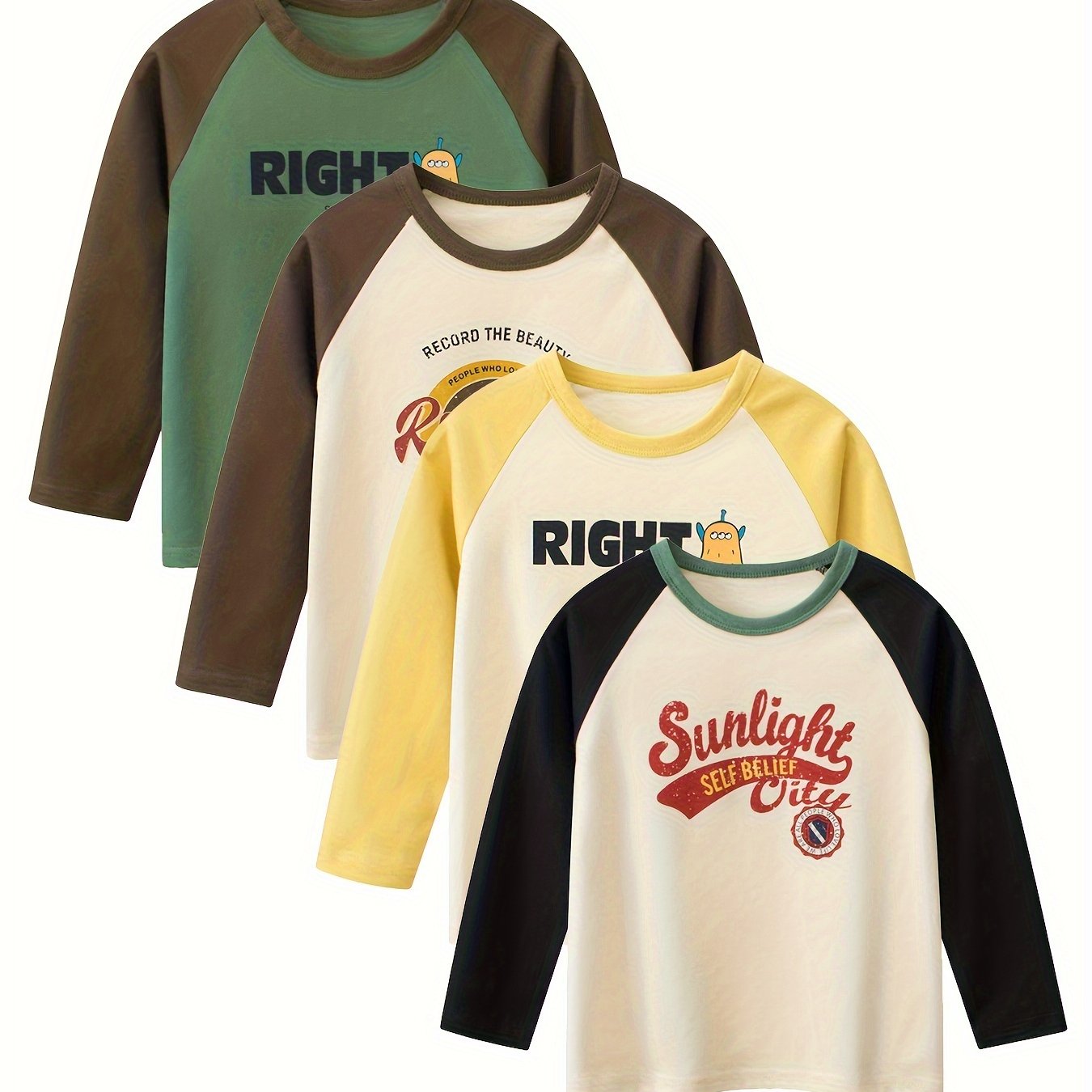 Image of 4pcs Boys' Long Sleeve Round Neck T-shirts - Layering Suitable For Kids, Soft Round Neck Tees For Spring/fall Layering,, & Casual Attire