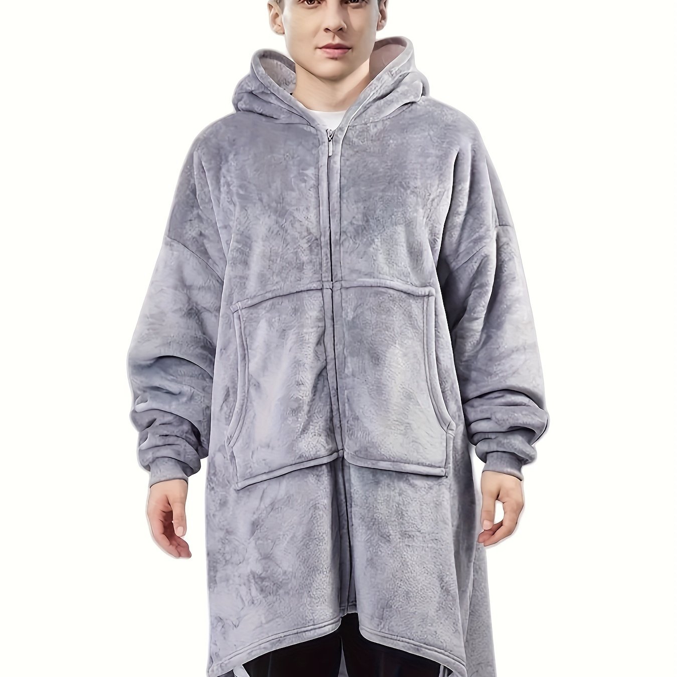 Men's Winter Thermal Fleece-lined Zip-up Hooded Sleep Robe - Light Grey Relaxed Fit 100% Polyester Robe With Elastic Waistband, Machine Washable Lounge & Sleepwear For Cold Weather
