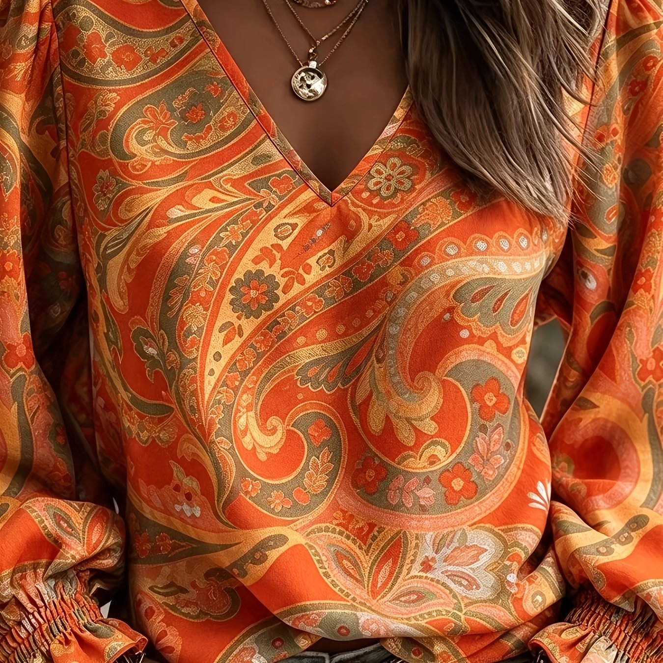 TEMU European And Women's Orange Paisley Lantern Long Sleeve V-neck Top For Everyday Versatile Wear