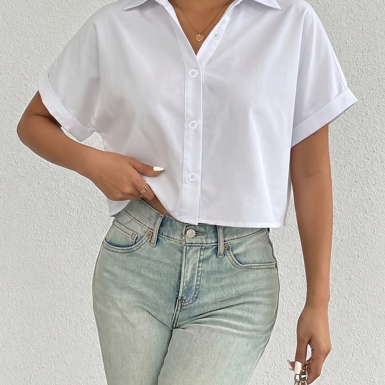TEMU Women' Color Lapel Short Sleeve Blouse Shirt - V-neck Cropped Top, Loose Fit Short Length Blouse Suitable For Commuting, Office & Layering,