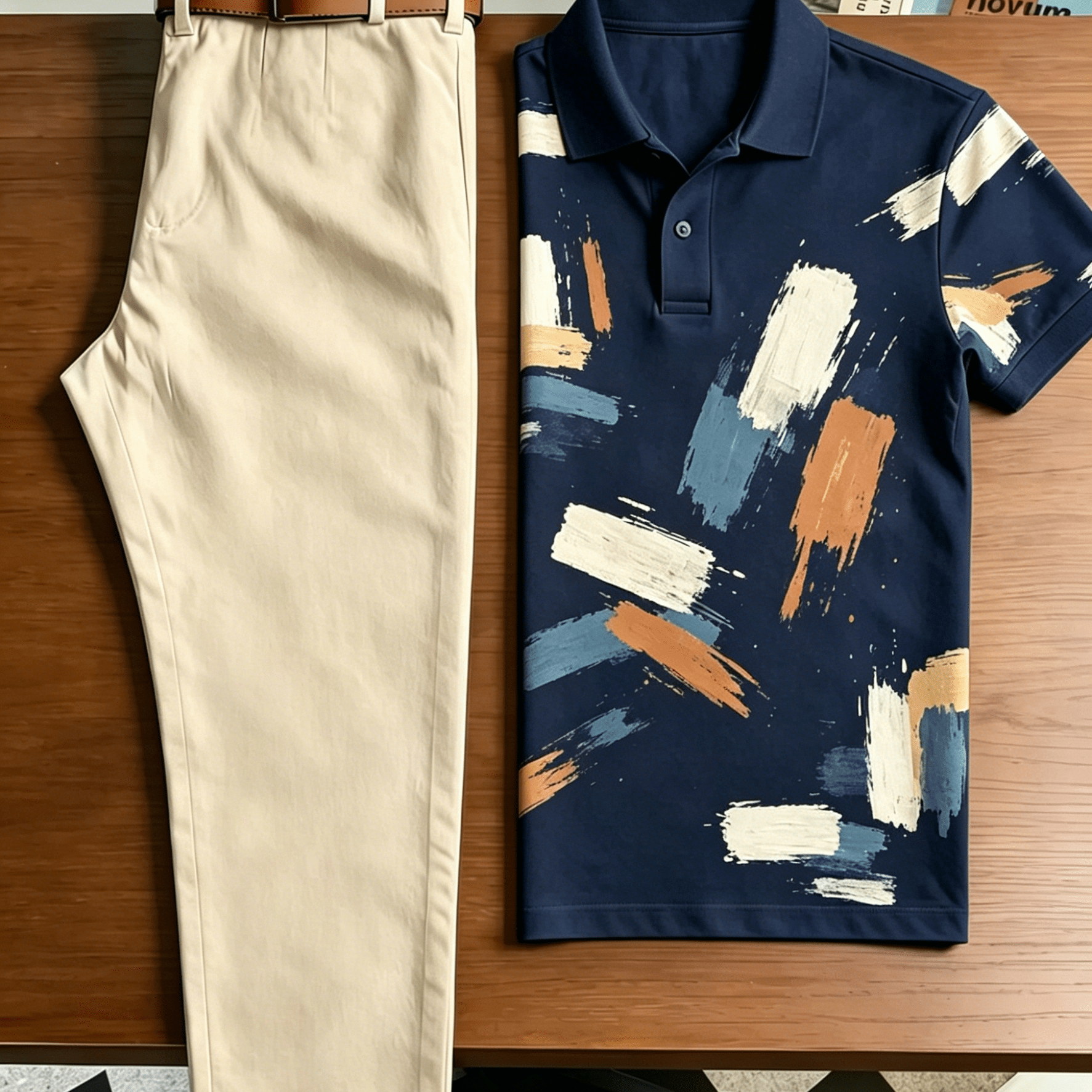 Image of Men's 2pcs Casual Outfit Set, Navy Abstract Full Print Short Sleeve Shirt And Solid Khaki Straight Leg Chino Pants, Summer Street Casual Matching Suit